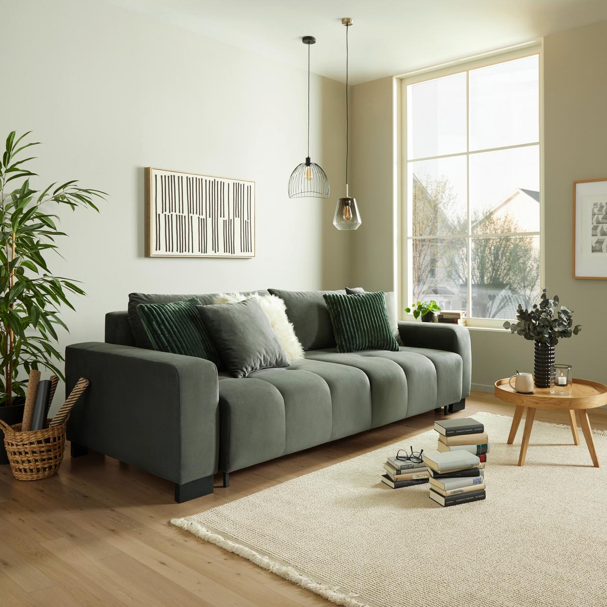 Pohovka BETA NEW LUX 3DL tmavě šedý/tmavě zelený samet - černá/tmavě šedá, Moderní, kov/dřevo (238/88/119cm)