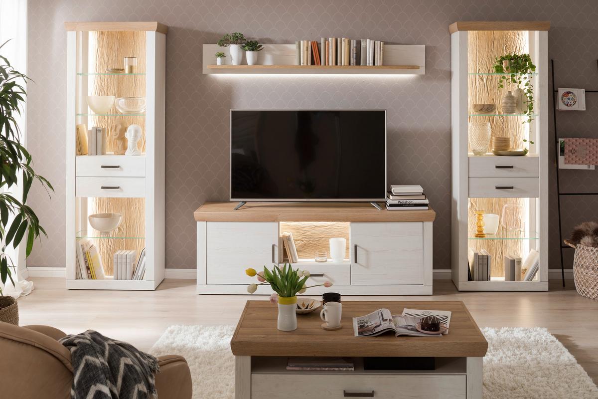 Wohnkombination 4-Tlg. Madrid Eiche-/Pinienfarben - Eichefarben/Schwarz, Design, Glas/Holzwerkstoff (343/205/50cm) - MID.YOU