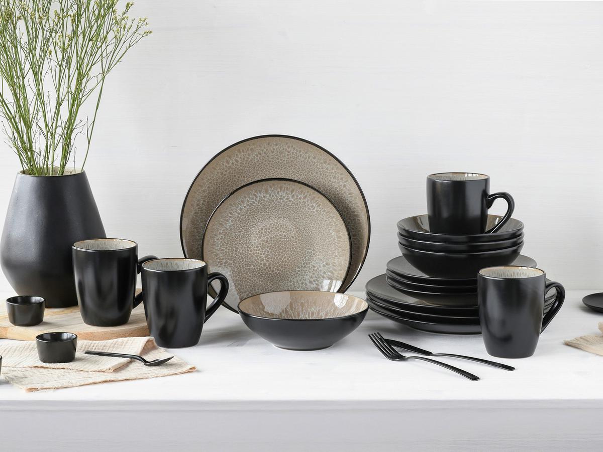 Kombiservice Malmö Beige Steinzeug, 4 Pers., 16-Teilig - Beige/Schwarz, Basics, Keramik - Creatable