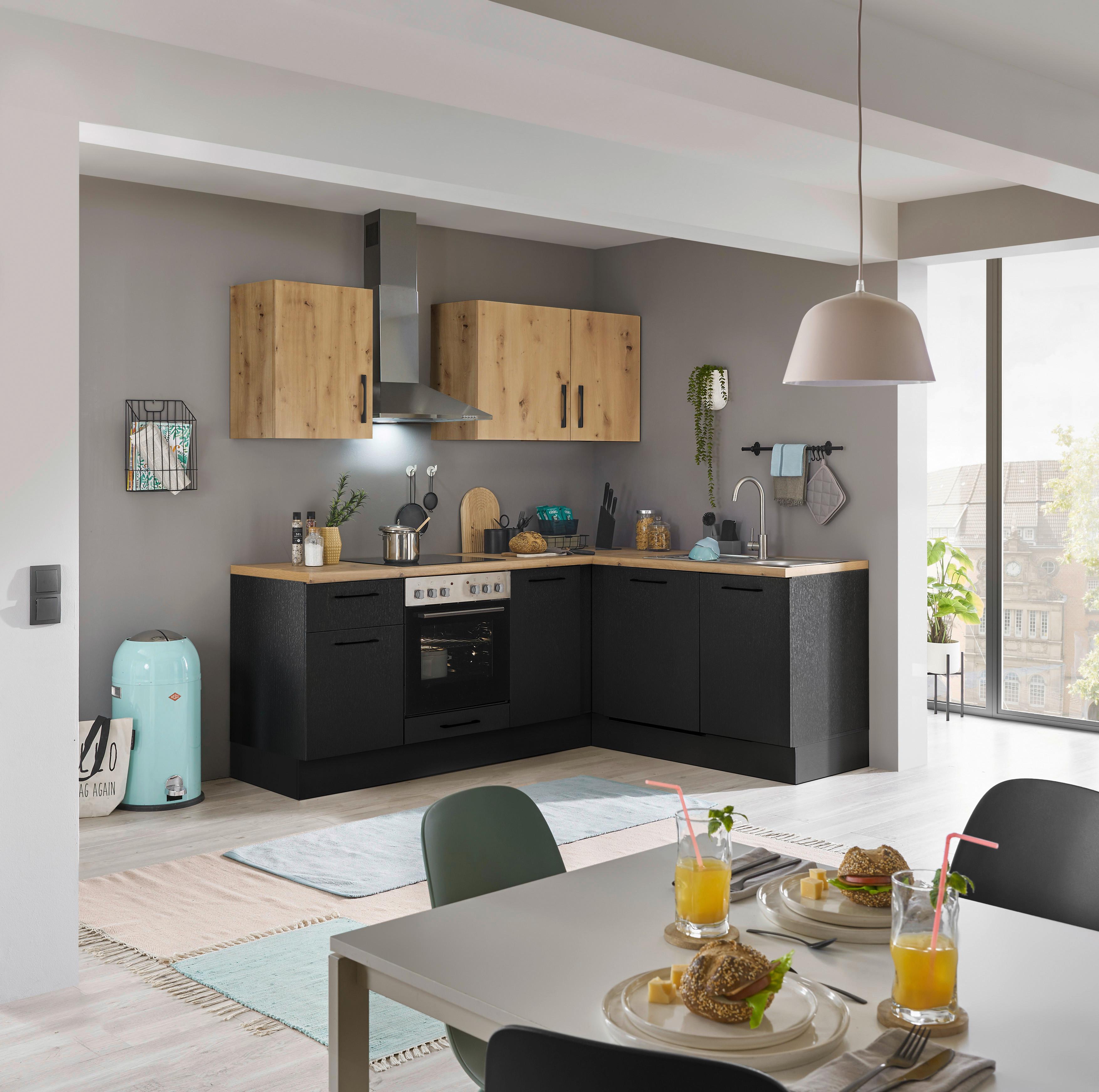 Eckküche Turin Schwarz/Eiche Dekor 220x175 cm - Schwarz/Eiche Artisan, Basics, Holzwerkstoff (220/175cm) - MID.YOU