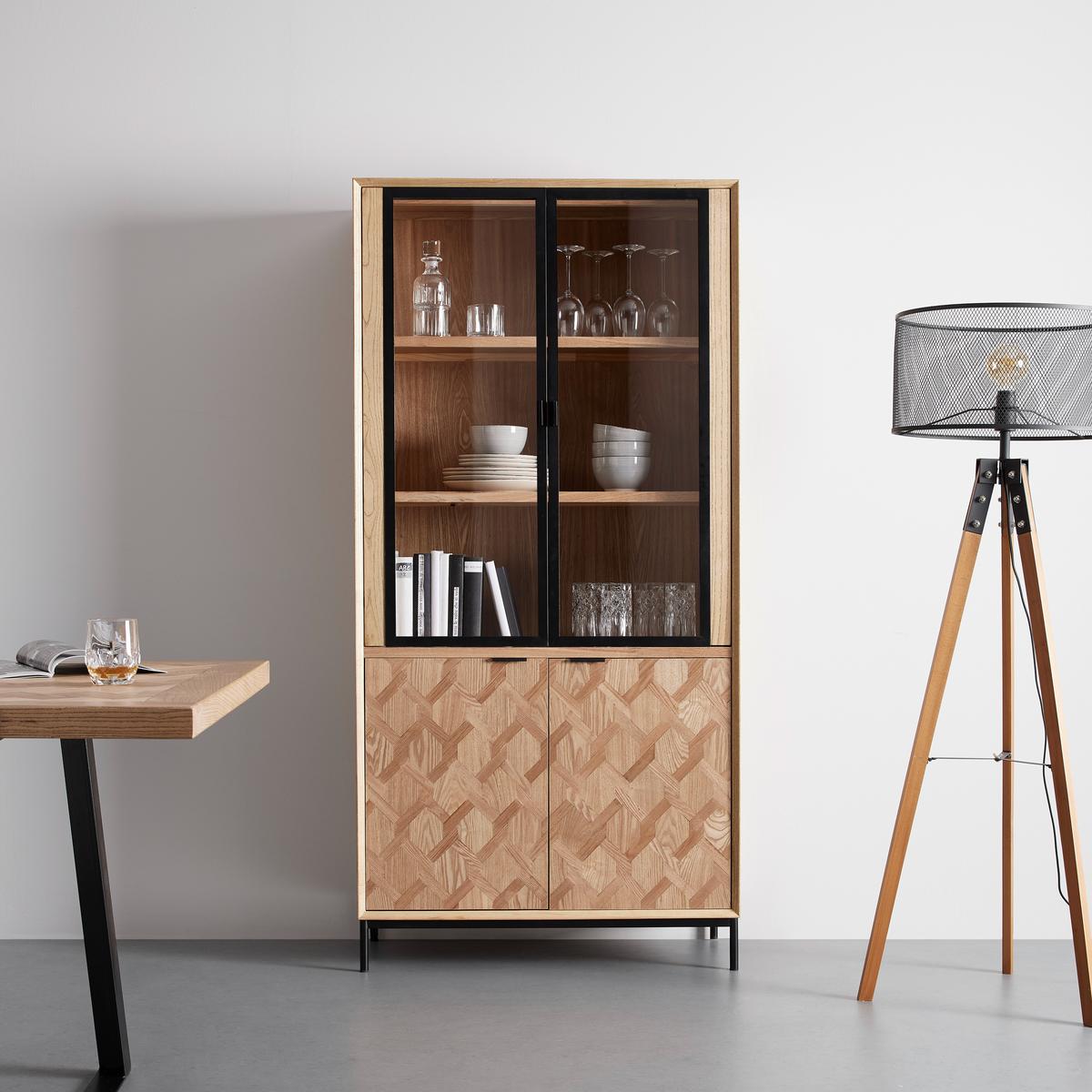 Vitrína MILANO jasan - šedá/černá, Moderní, kov/dřevo (90/186/40cm) - Bessagi Home