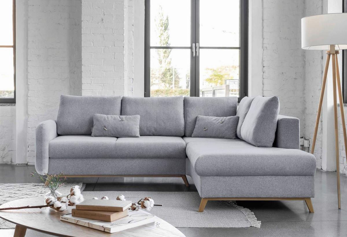 Sedačka LUCILE L, pravá, sv.sivá, úl.priestor a lôžko - prírodná farba/svetlosivá, drevo/textil (242/202cm) - MID.YOU