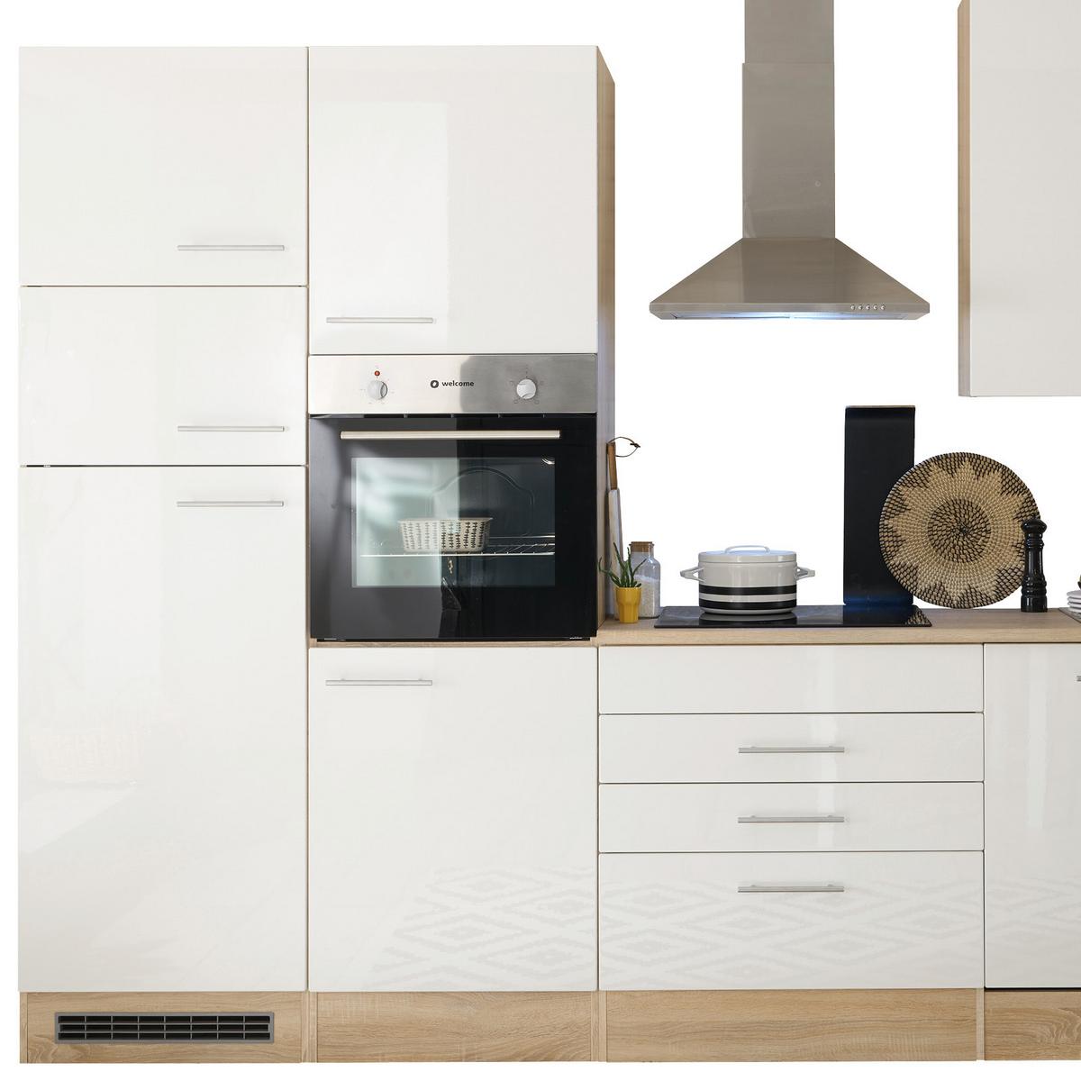 Küchenzeile Laurel ohne Geräte 310 cm Eiche/Weiß Hochglanz - Weiß/Sonoma Eiche, MODERN, Holzwerkstoff (310cm) - MID.YOU