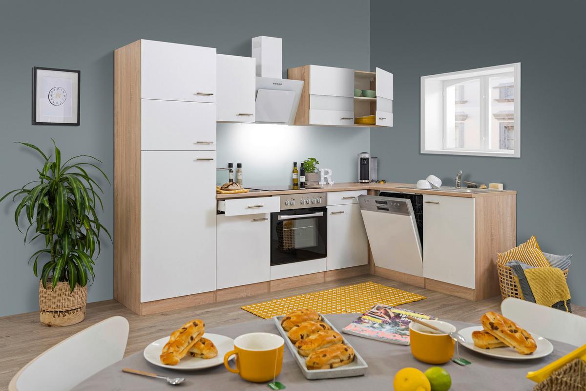 Eckküche aus Holzdekor mit weißen und eichefarbenen Oberflächen
