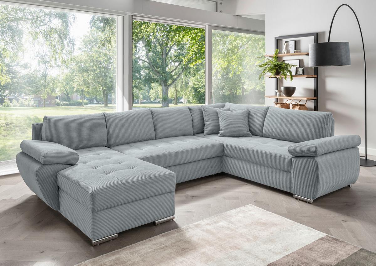 Wohnlandschaft Terana mit Schlaffunktion, Hellblau - Chromfarben/Hellblau, KONVENTIONELL, Textil (157/305/219cm) - Livetastic