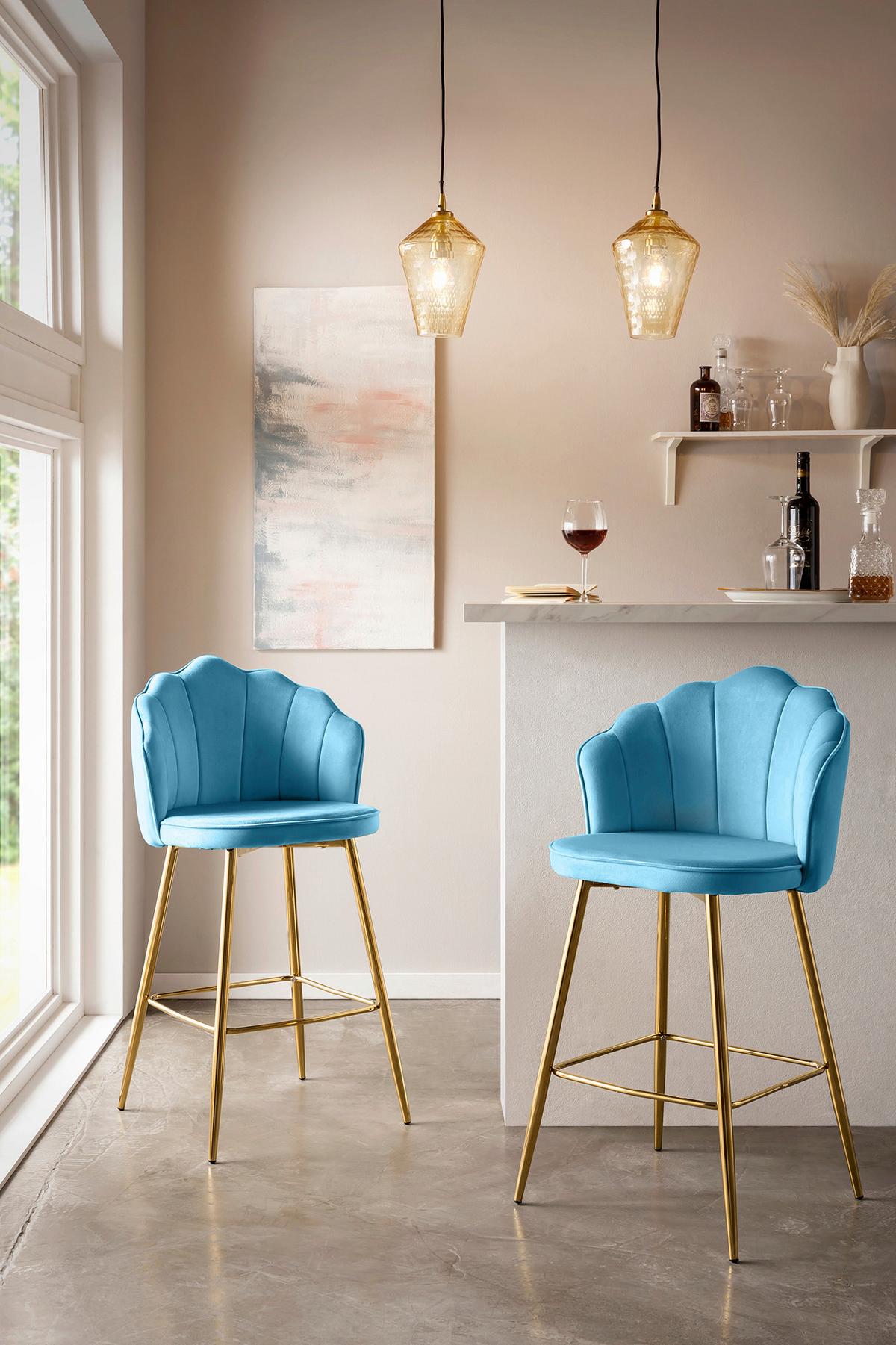 Barhocker-Set Blau B: 52 cm - Blau/Goldfarben, MODERN, Textil/Metall (52/100/54cm) - Livetastic