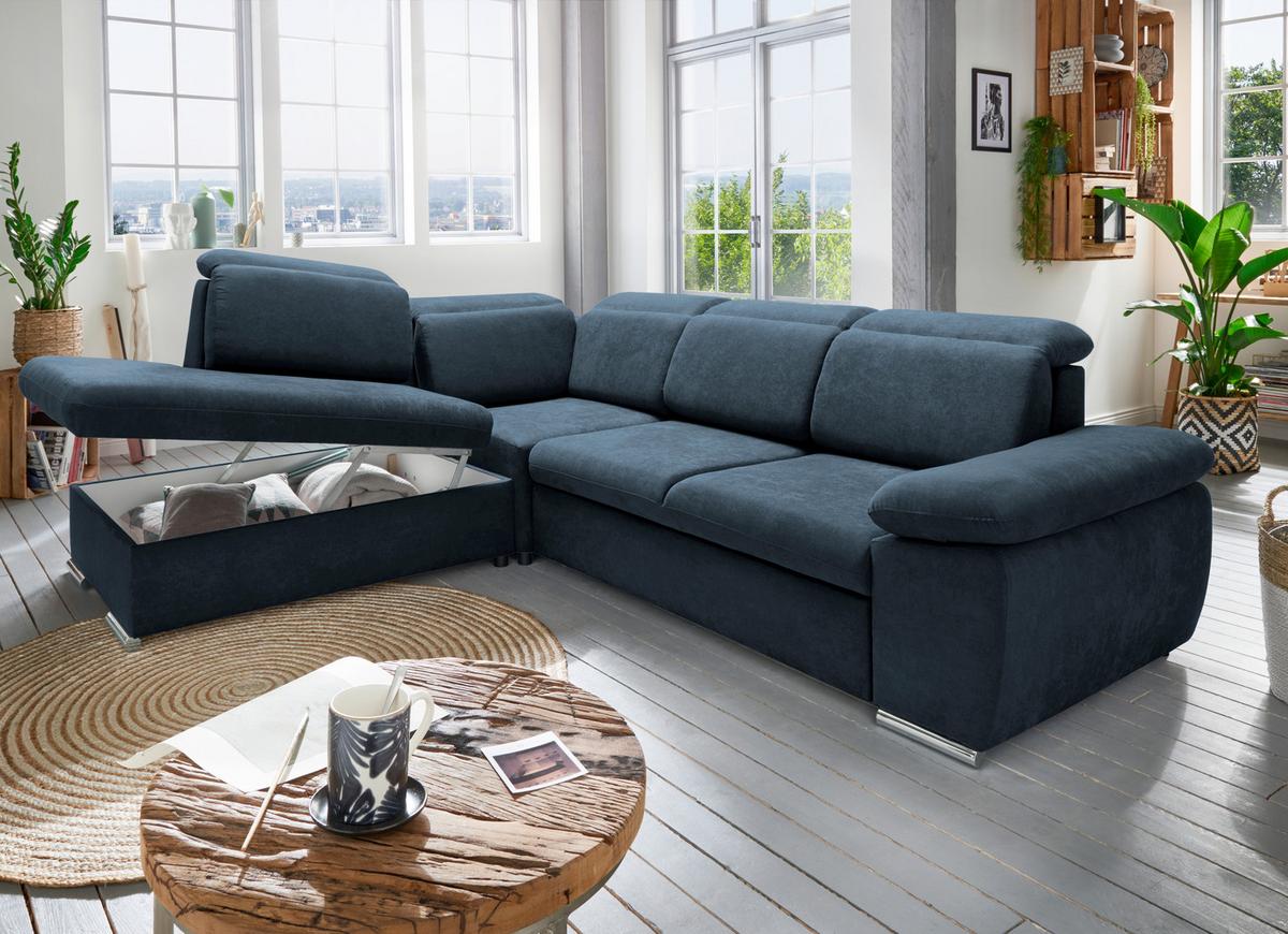 Ecksofa Vasto Dunkelblau S: 228x283 cm - Chromfarben/Dunkelblau, Design, Textil (228/283cm) - Livetastic
