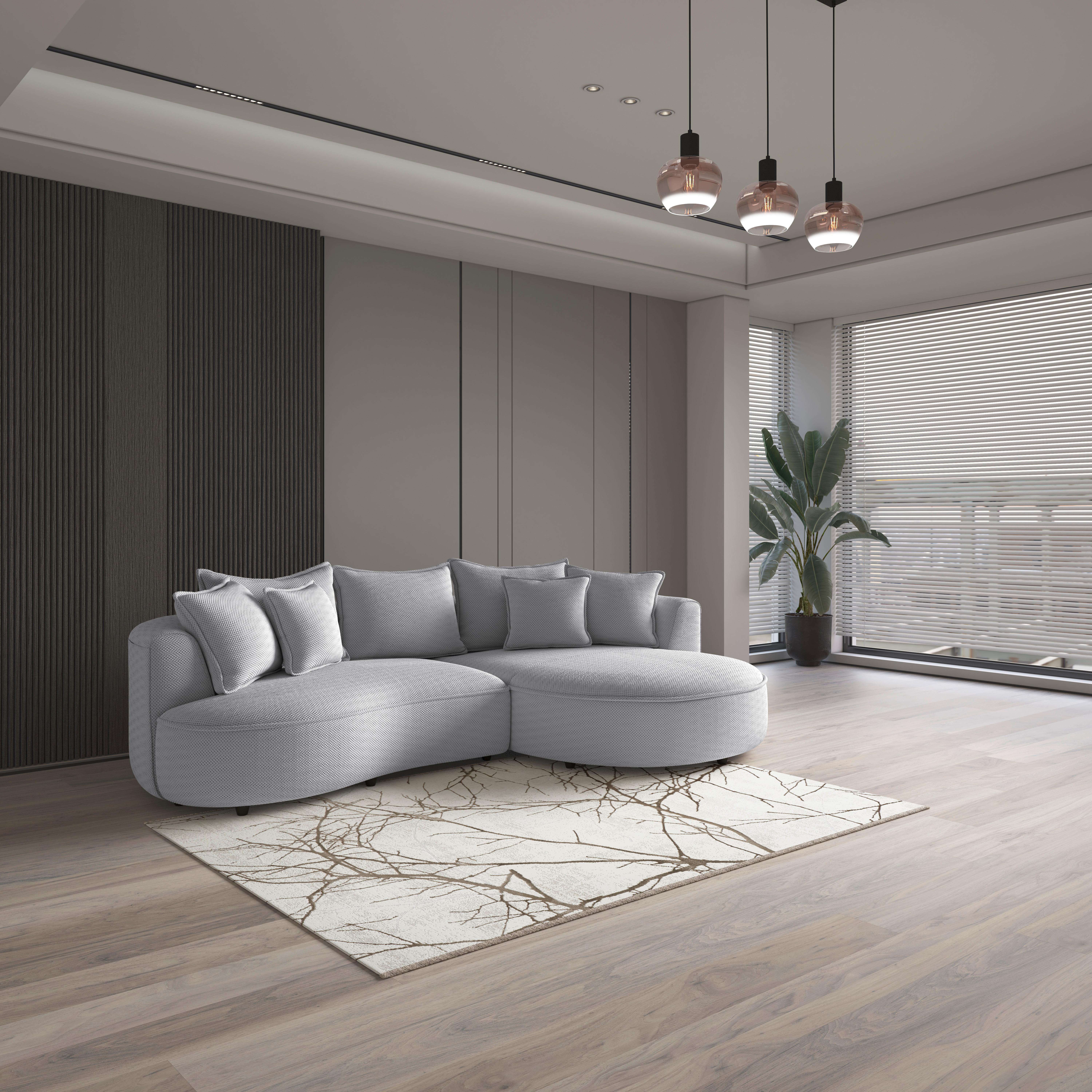 Rohová sedačka LEVI, pravá, světle šedá, se 7 polštáři - černá/světle šedá, Moderní, textil/plast (287/168cm)