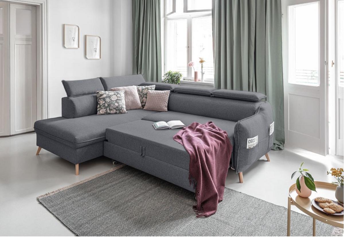 Rozkládací sedačka Simone, levé provedení - šedá/přírodní barvy, Moderní, dřevo/textil (253/82/95/208cm)