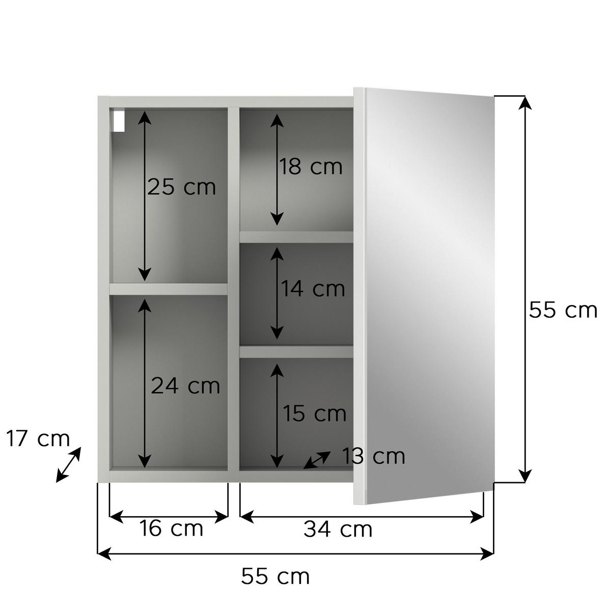 Spiegelschrank Copa 1-Türig B: 55 cm - Grau, MODERN, Glas/Holzwerkstoff (55/55/17cm) - MID.YOU
