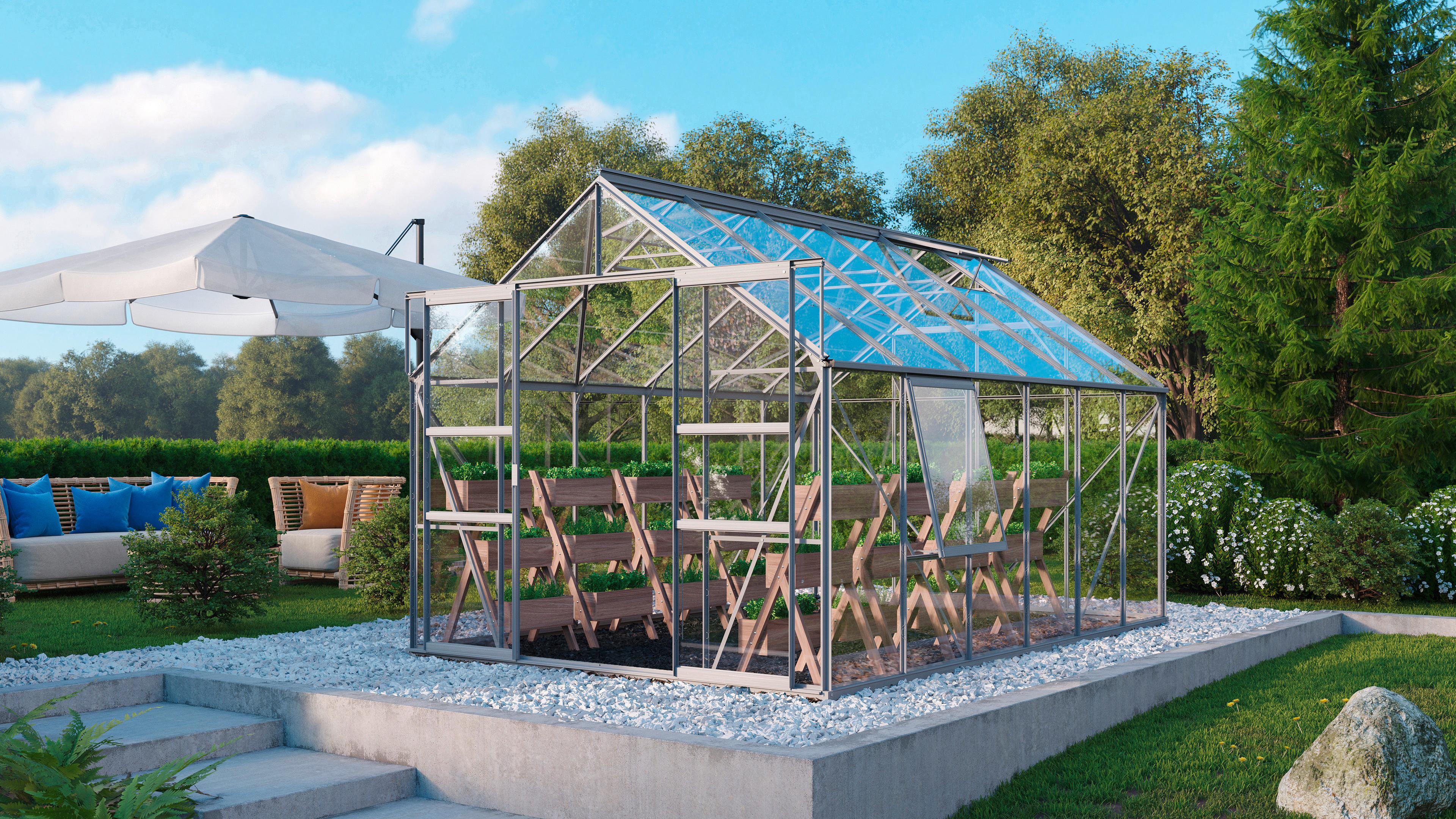 Gewächshausbausatz Meridian 2 9900 9,9 M2 Metall/Glas - Alufarben, Basics, Glas/Metall (257/231,8/383cm)