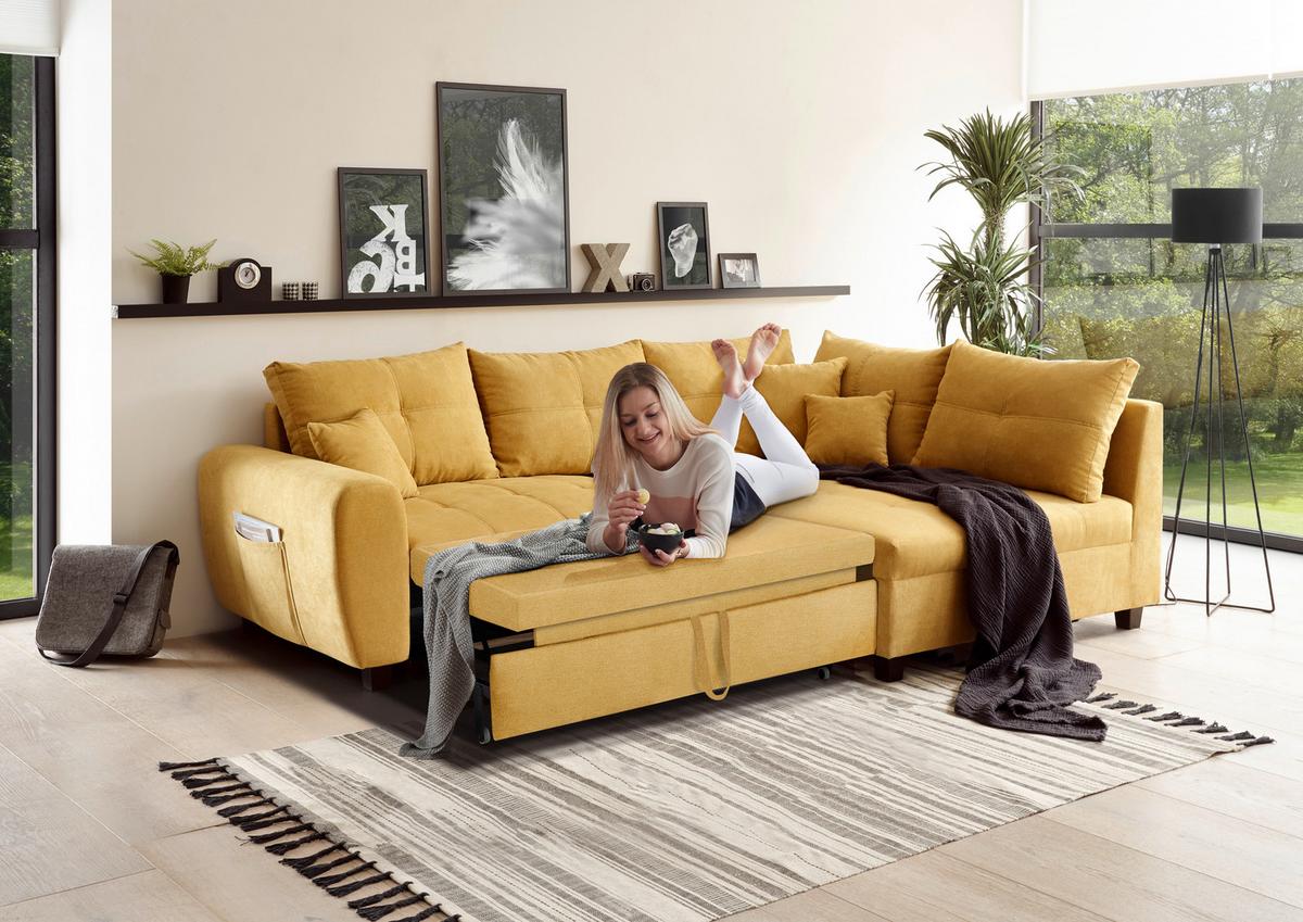 Ecksofa mit Schlaffunktion + Kissen Lea, Polyester-Nylon - Gelb/Schwarz, Basics, Holzwerkstoff/Textil (248/176cm) - MID.YOU