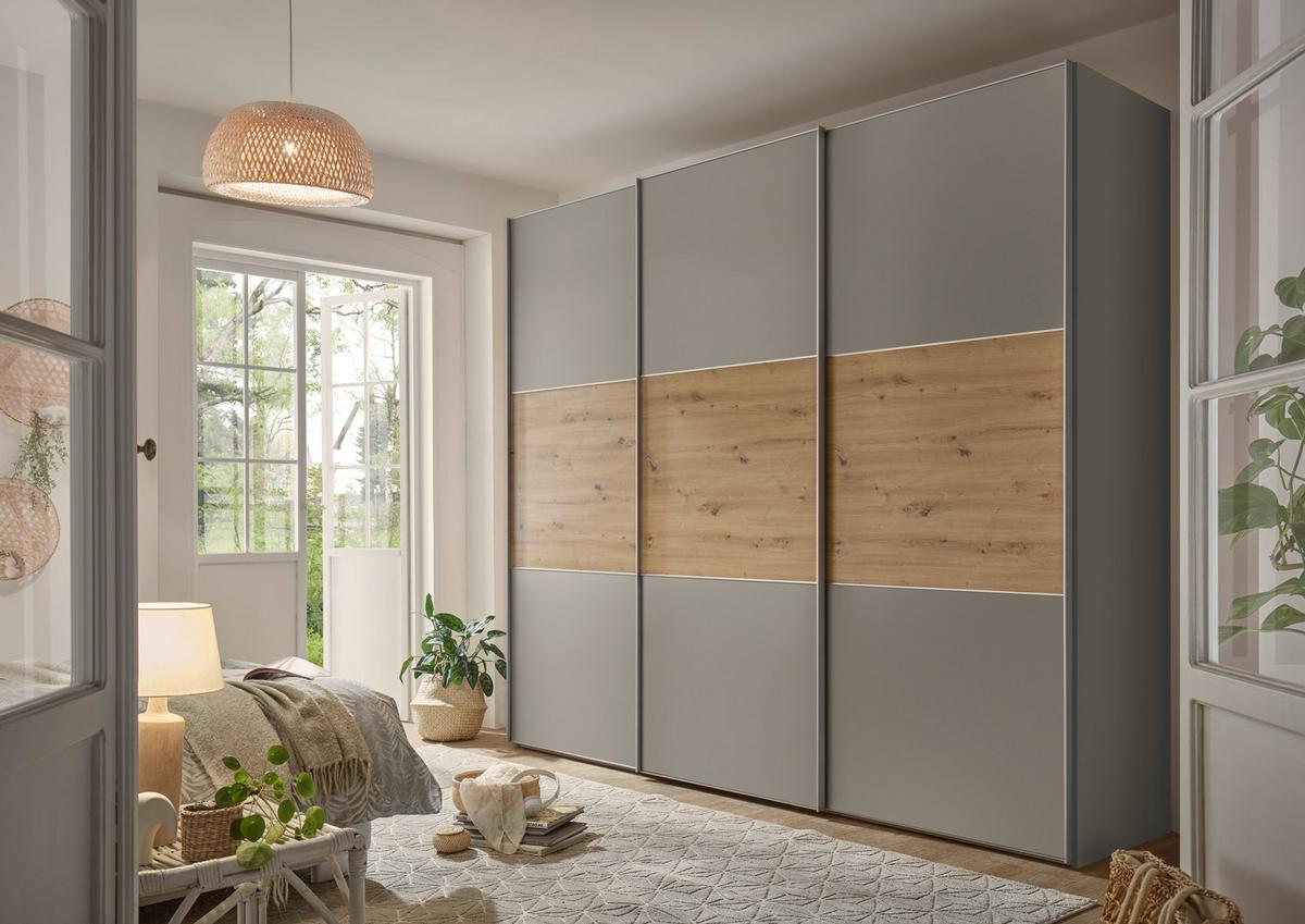 Geräumiger Schwebetürenschrank in Grau und Eiche Dekor