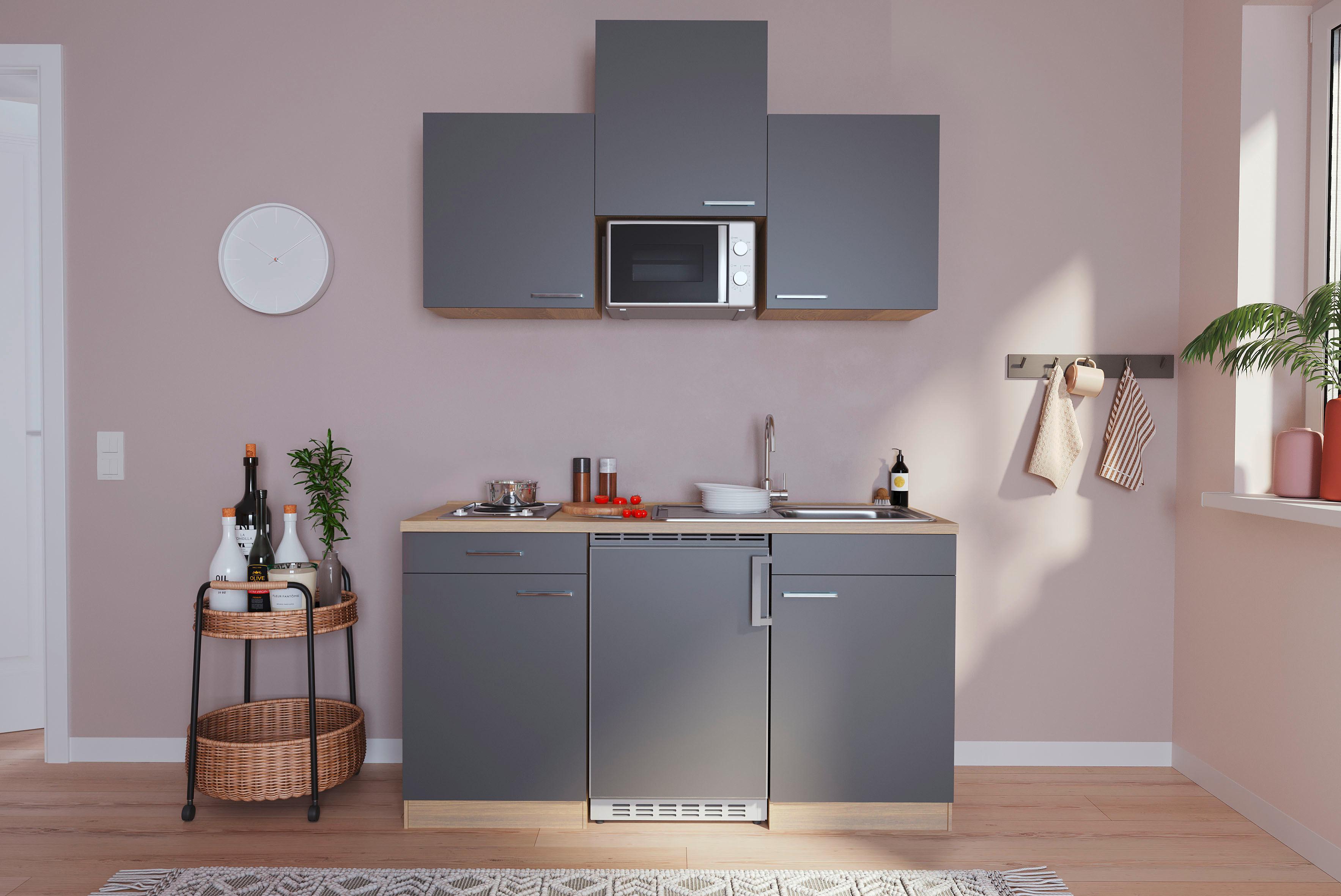 Miniküche mit Mikrowelle + Kühlschrank 150 cm Grau/Eiche - Eichefarben/Schwarz, Basics, Holzwerkstoff (150cm) - Respekta