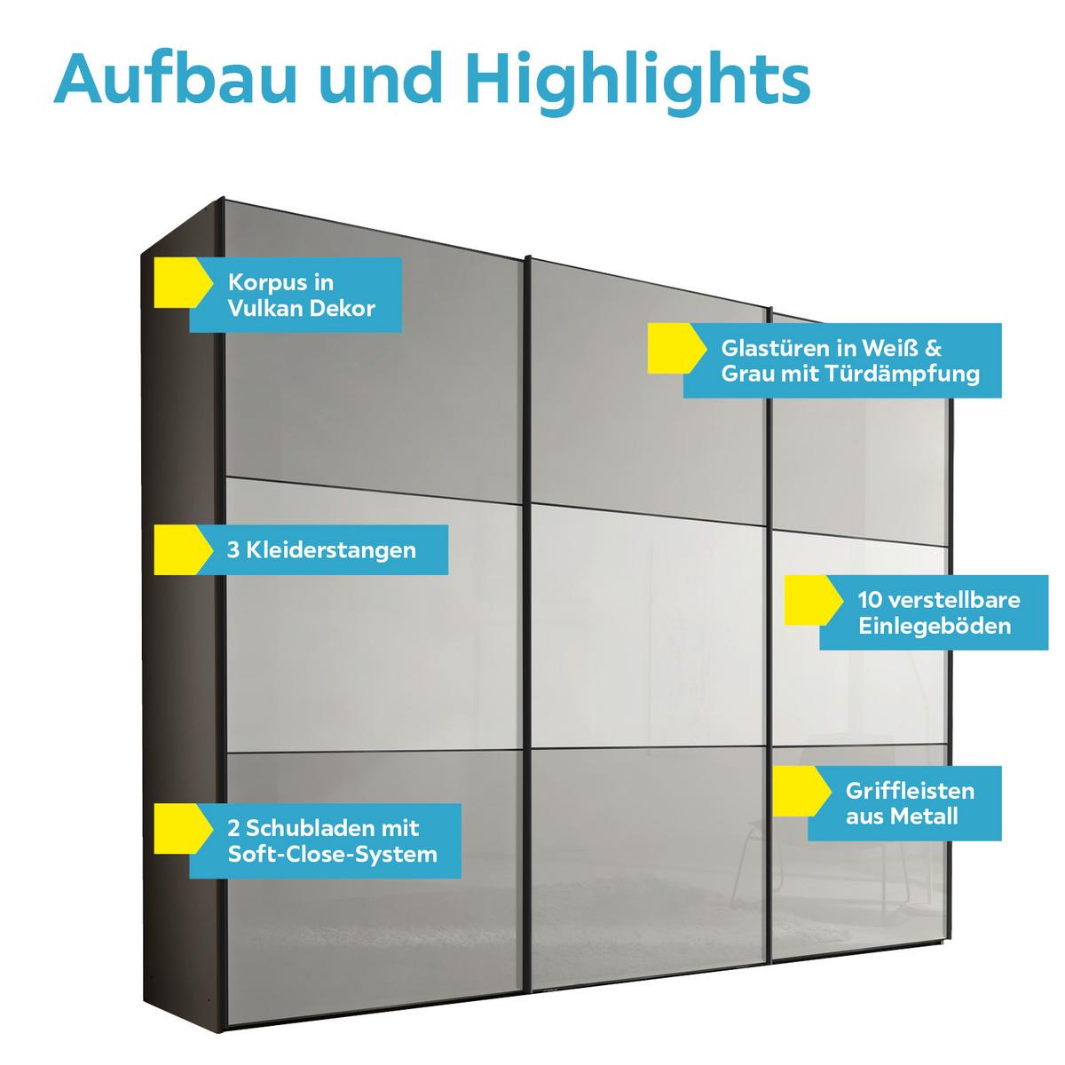 Schwebetürenschrank Glasfront 280cm Includo, Hellgrau/weiß - Dunkelgrau/Hellgrau, MODERN, Glas/Holzwerkstoff (280/222/68cm)