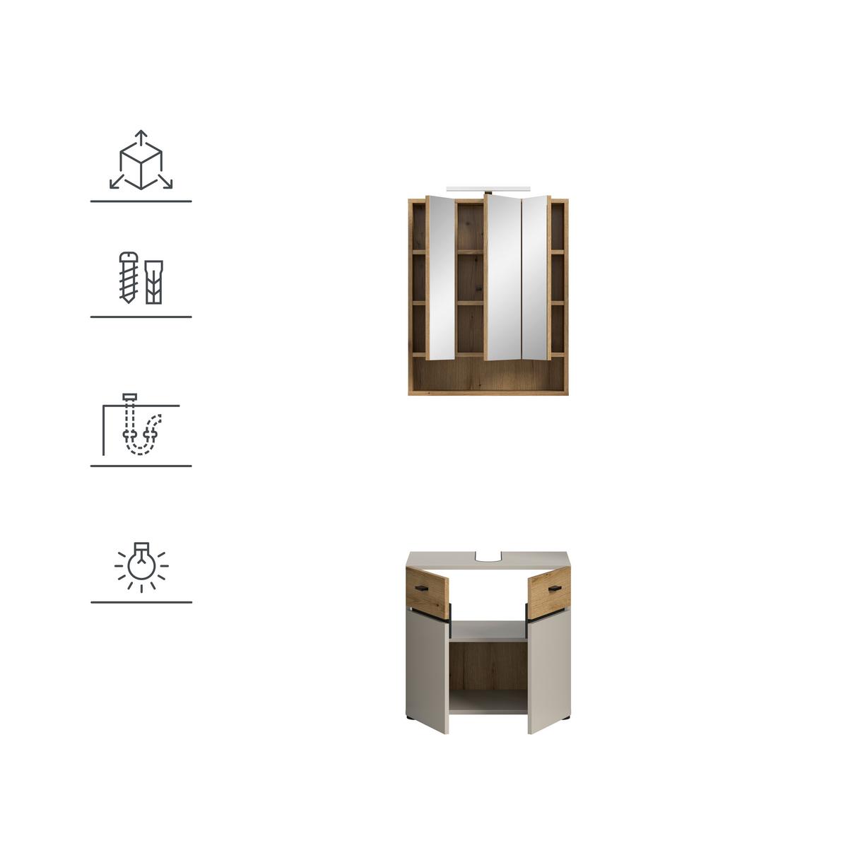 Badezimmer Aqua Kaschmir/Eichefarben B: 60cm - Kaschmir/Eichefarben, Trend, Glas/Holzwerkstoff (60cm) - MID.YOU