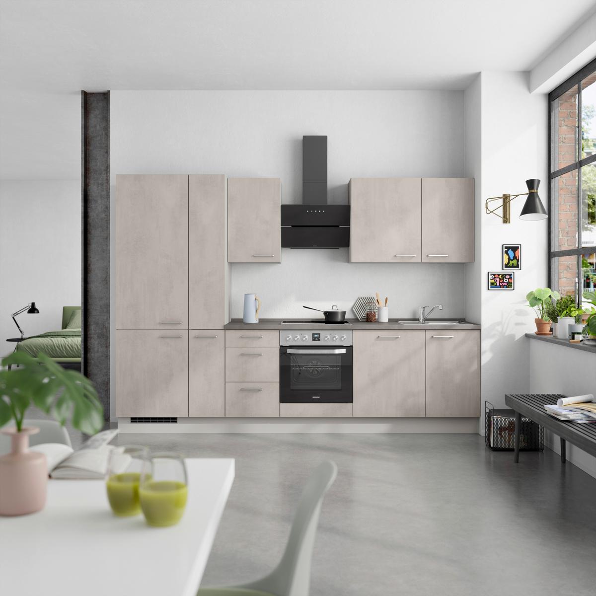 Kuchynská linka 300 cm, šedý betón/ kamenná šedá - sivá/farba ušľachtilej ocele, Modern, kov/kompozitné drevo (300cm) - Nobilia