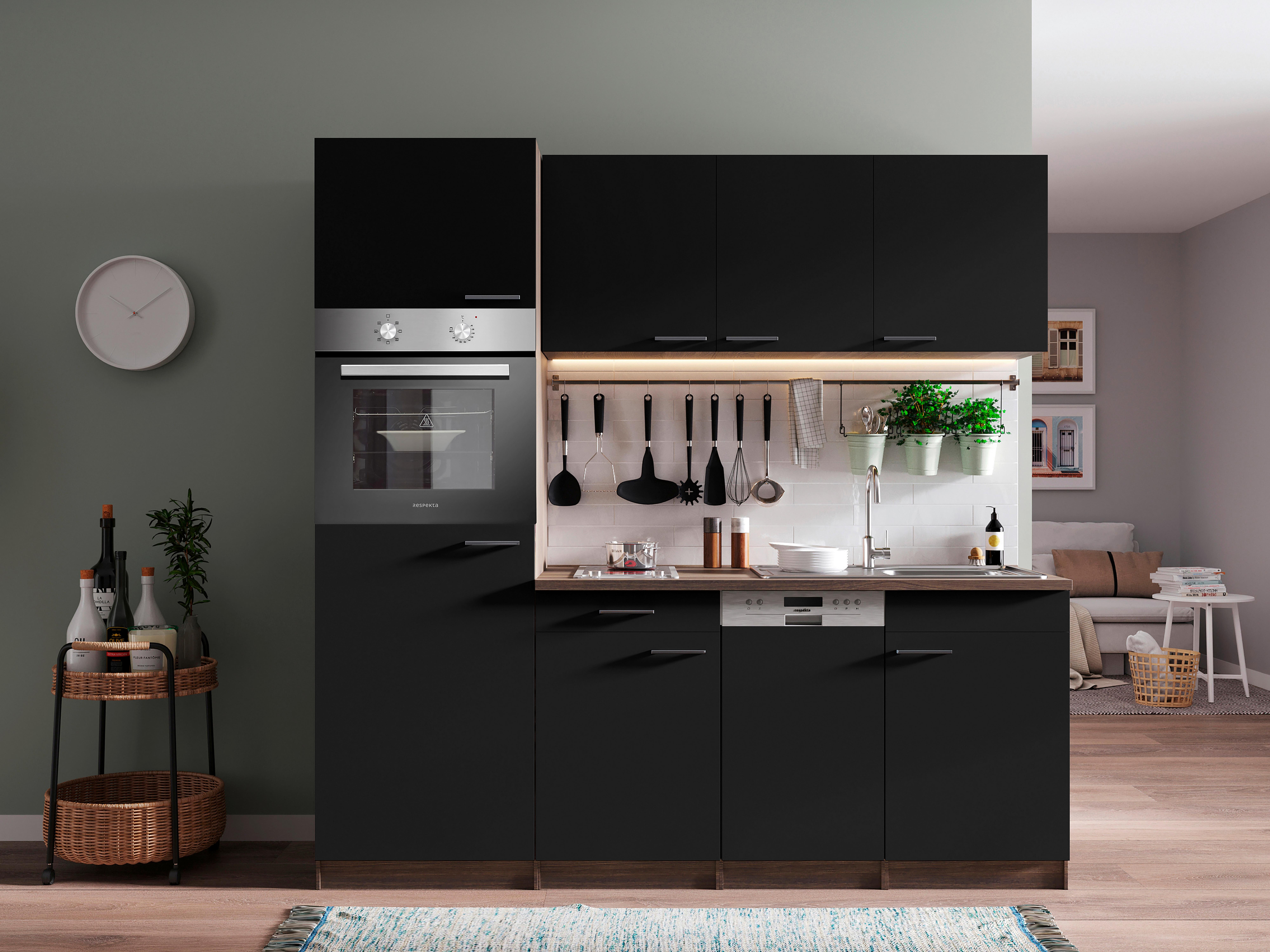 KÜCHENBLOCK OLIVER SINGLEKÜCHE 205 CM - Eichefarben/Schwarz, Basics, Holzwerkstoff (205cm) - Respekta