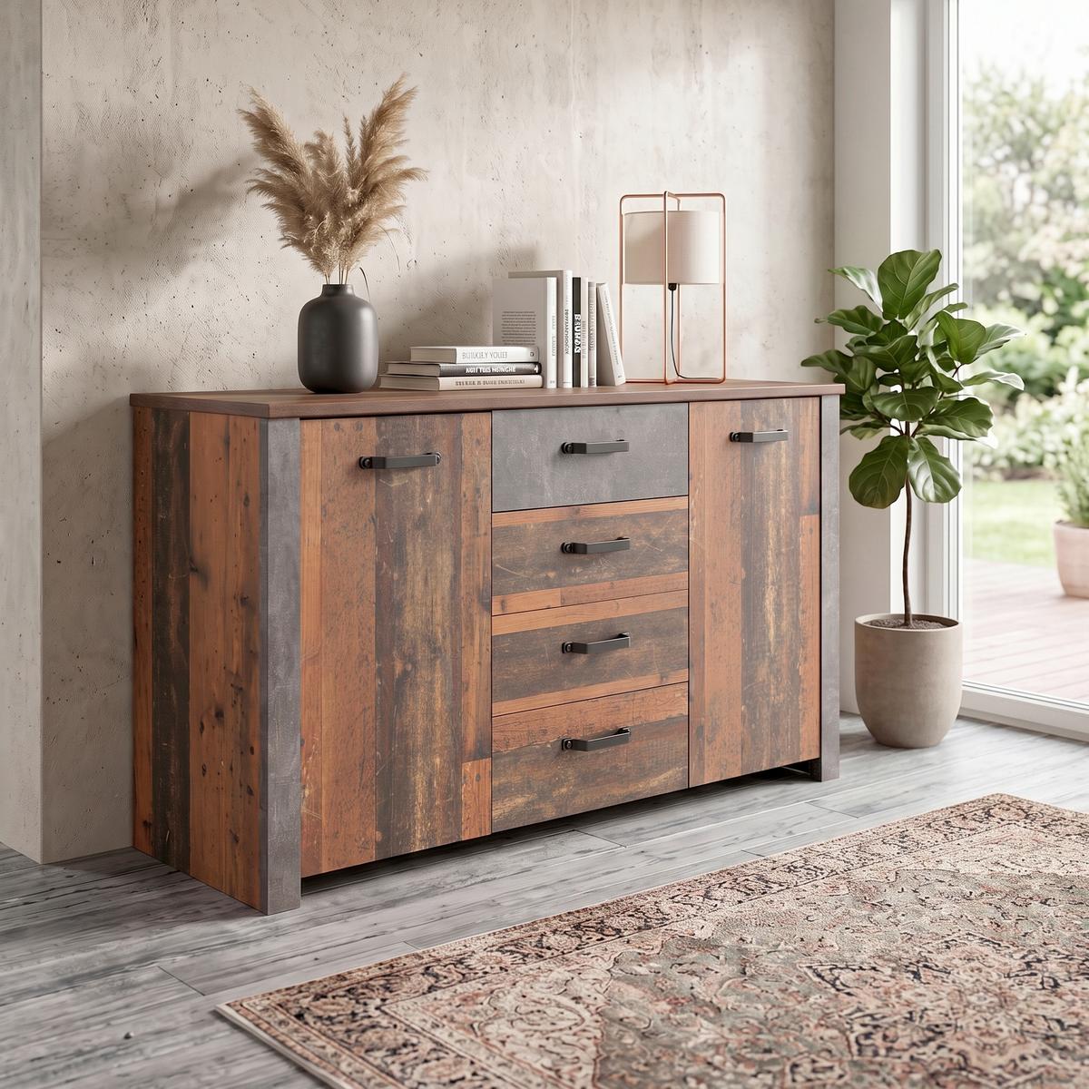 Kommode B: 162 cm Ontario, Betonoptik dunkel - Eichefarben/Dunkelgrau, MODERN, Holzwerkstoff (162/86/41,5cm) - Ondega