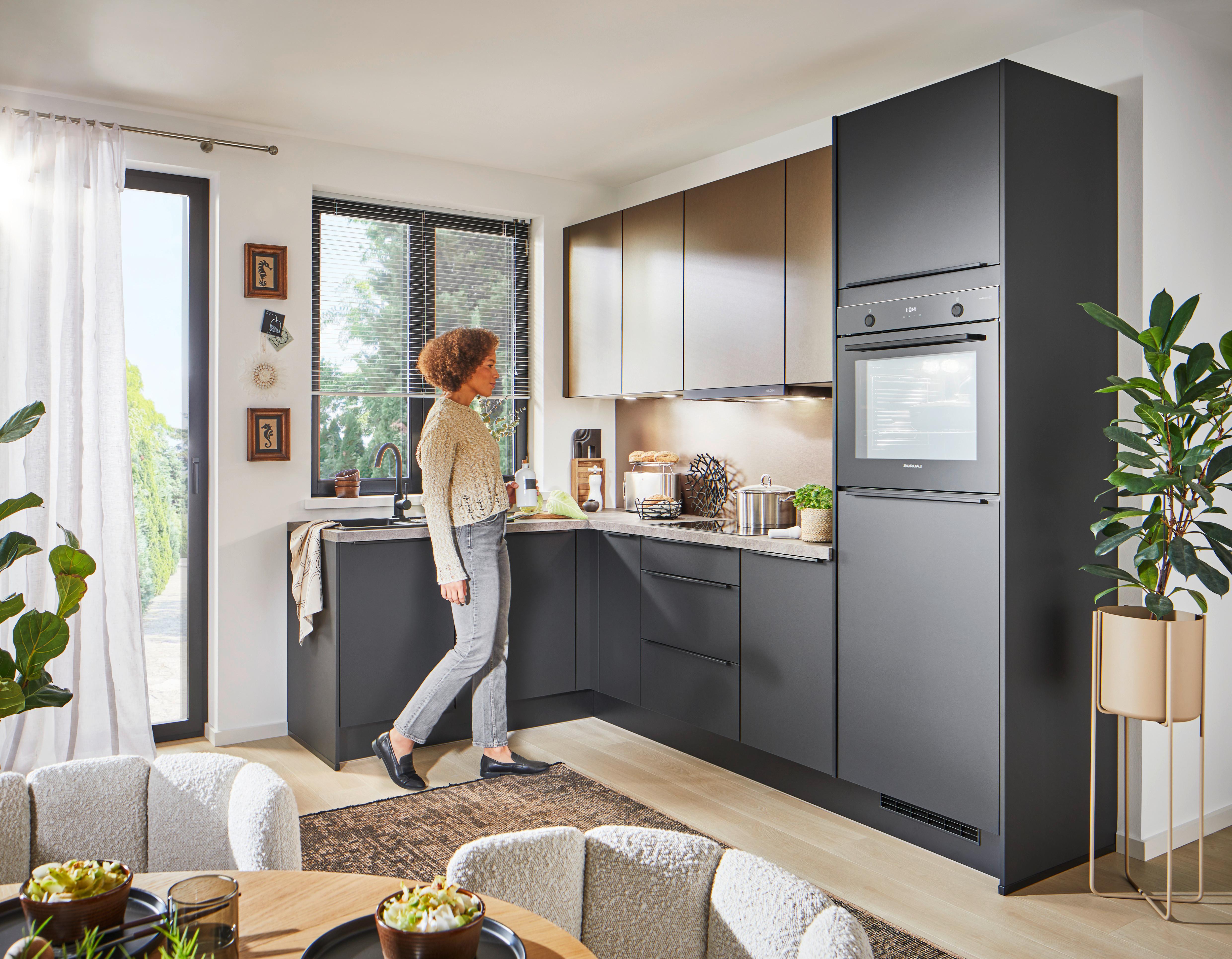 Eckküche Pn210/205 - Taupe/Schwarz, Basics, Holzwerkstoff (178/264cm) - Pino