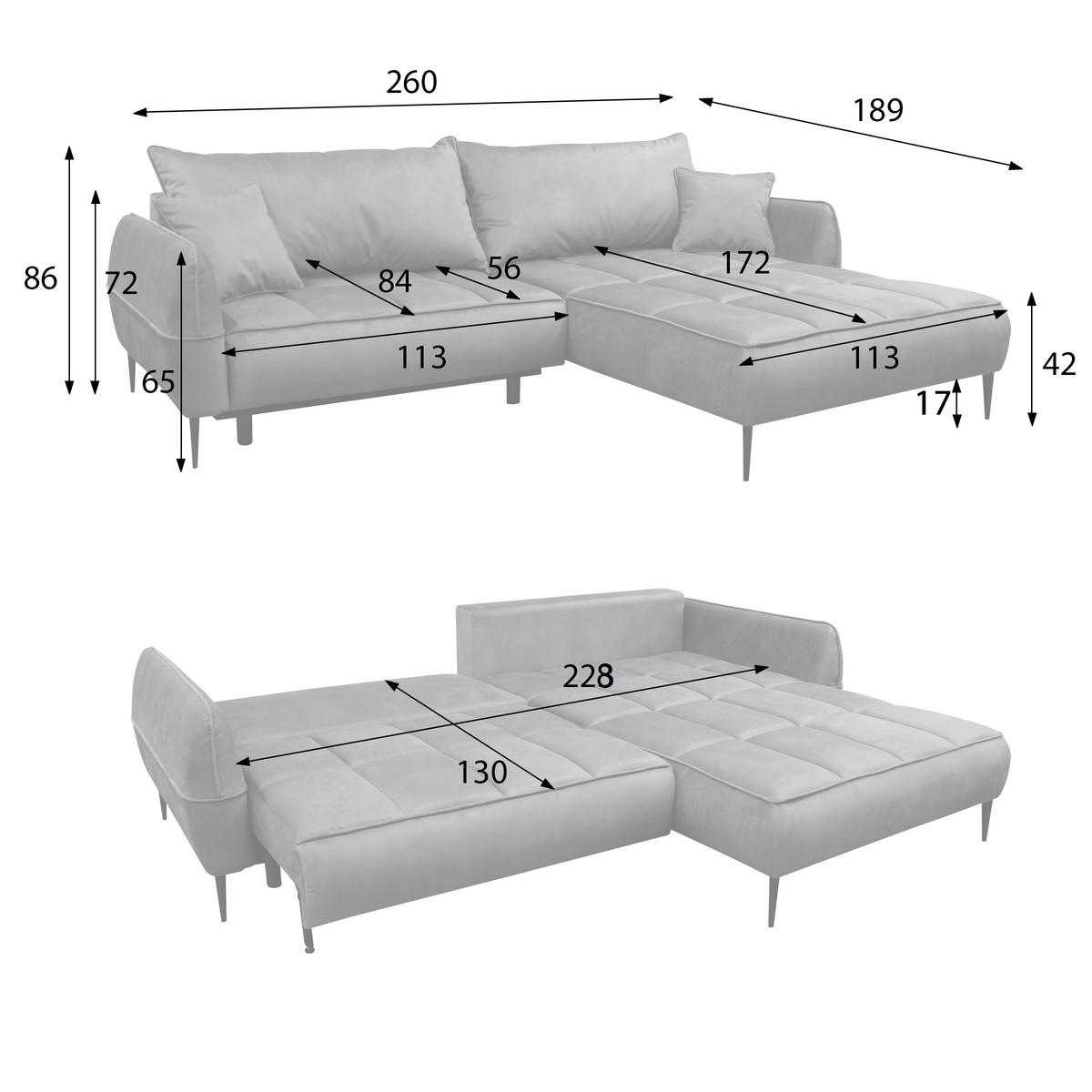 Ecksofa Mit Bettkasten Letto 189x260 Cm Velours Grau - Schwarz/Grau, Design, Textil (189/260cm) - MID.YOU