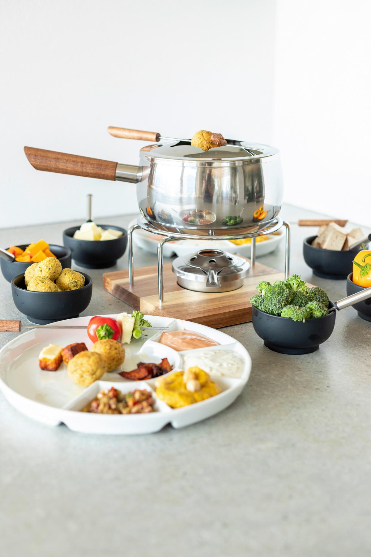 Fondue-Set 10-Teilig 6 Gabeln Edelstahl - Silberfarben/Braun, Trend, Holz/Metall (31/19,5/21cm) - Mäser