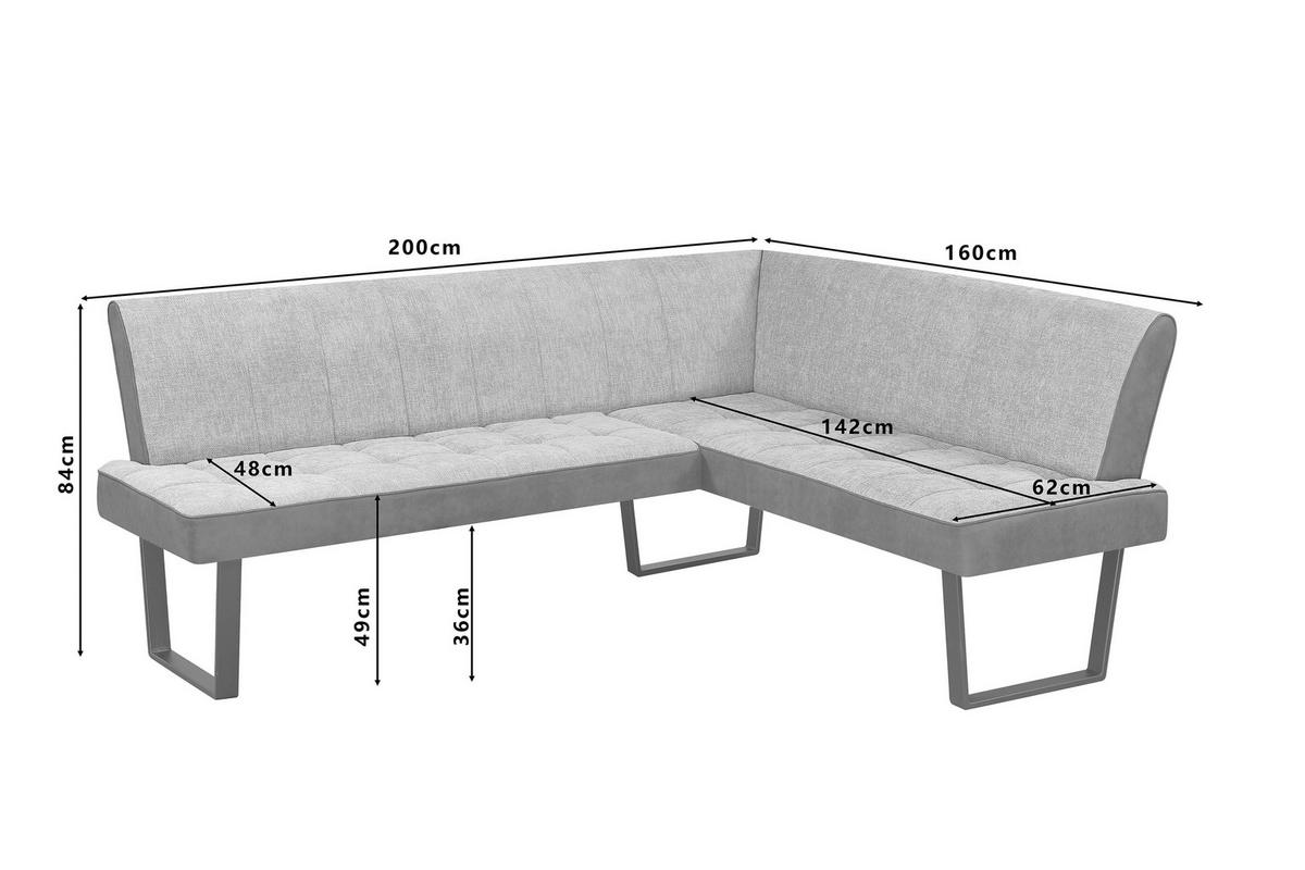 Eckbank Hellgrau Pag 160x200 cm - Hellgrau/Schwarz, KONVENTIONELL, Textil/Metall (160/200cm) - MID.YOU