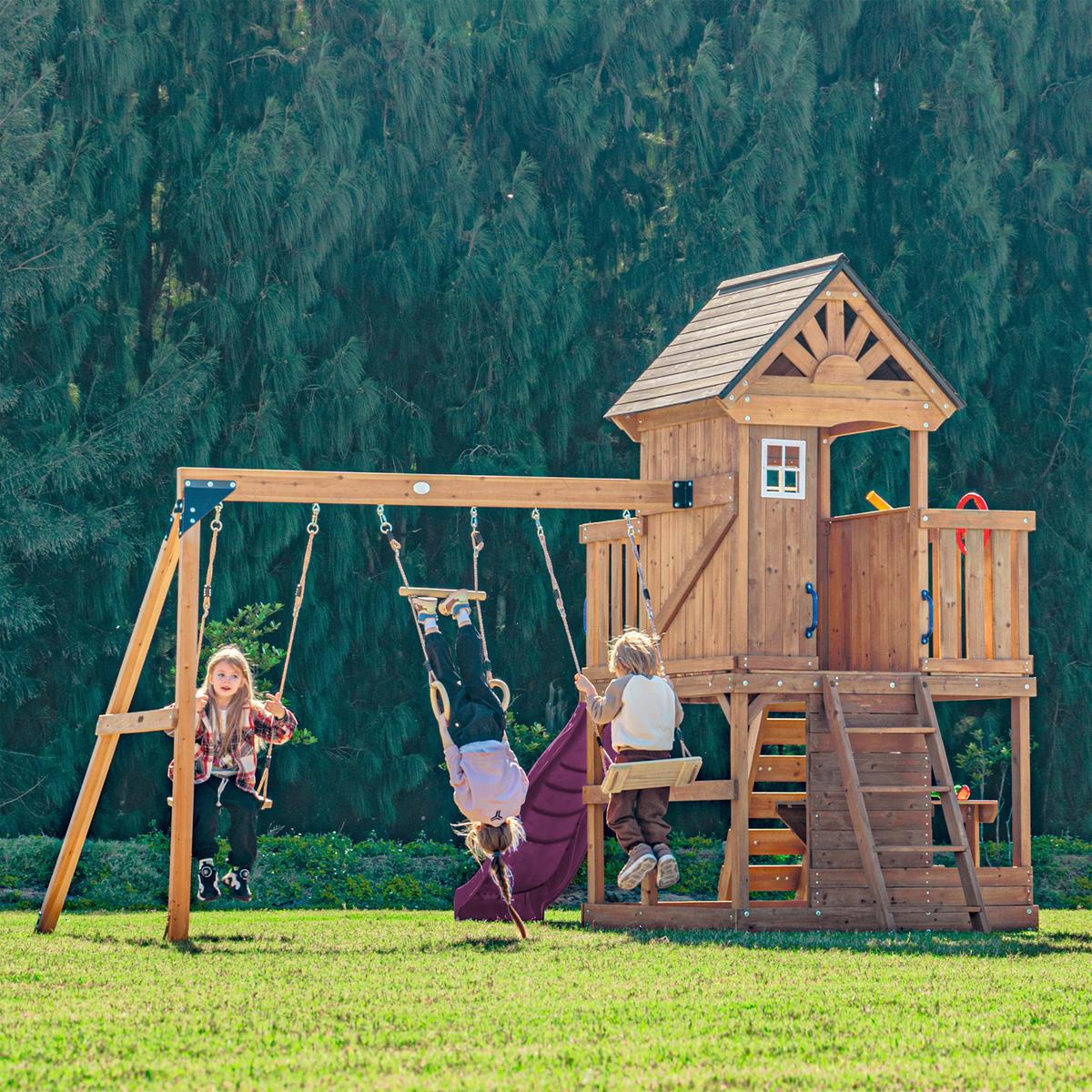 Spielturm mit Rutsche Lila - Anthrazit/Lila, Basics, Holz/Kunststoff (435/410/305cm) - Ambia Garden