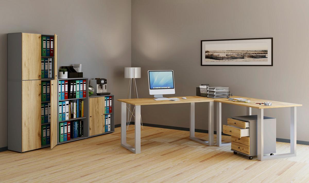 Eckschreibtisch Lona Silberfarbe/Eiche D. L: 220 cm - Honigeiche/Silberfarben, Design, Holzwerkstoff/Metall (220/220/76cm) - MID.YOU