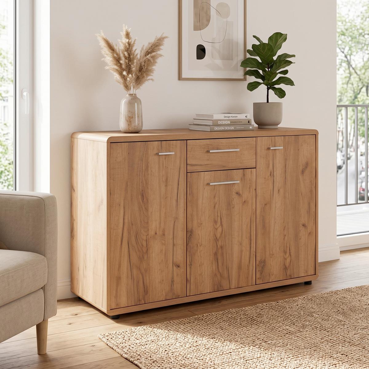 Kommode mit Türdämpfer B 132cm Fontana, Kraft Eiche Dekor - Eichefarben/Schwarz, MODERN, Holzwerkstoff (132/87/40cm)