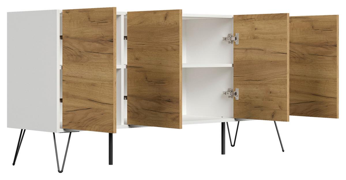 Sideboard Posseik Industrial Eichefarben/Weiß B: 155 cm - Eichefarben/Weiß Hochglanz, Design, Holzwerkstoff (155/75,8/42cm) - MID.YOU
