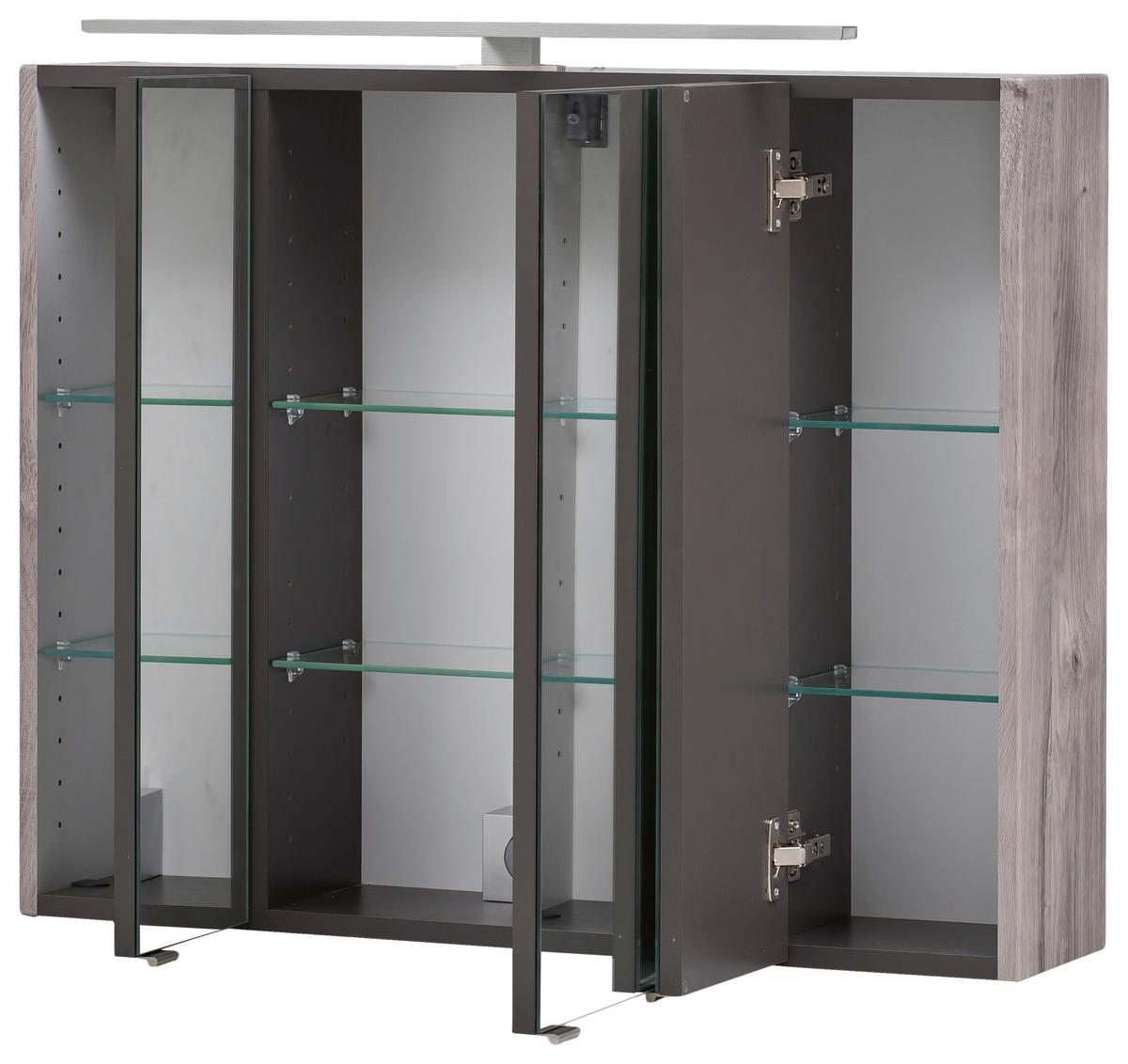 Badmöbel-Set 3-Tlg. inkl. LED Stockholm 80cm Eiche Dekor - Eichefarben/Eiche grau, KONVENTIONELL, Glas/Holzwerkstoff (80cm) - Held