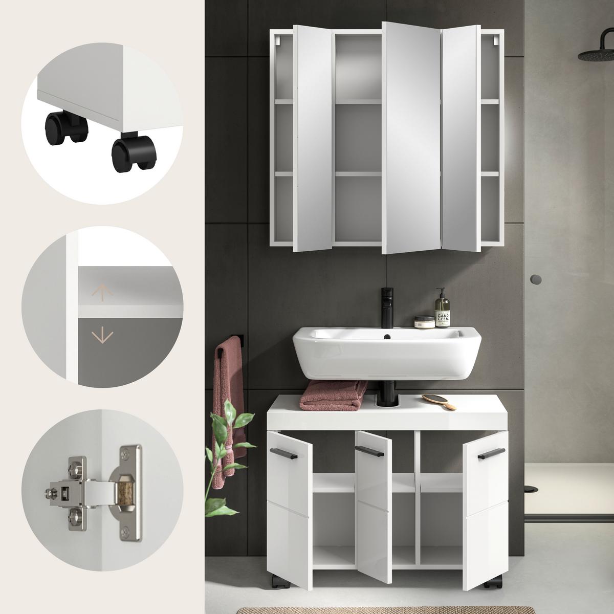 Badezimmer Nova Weiß B: 82cm - Weiß Hochglanz/Schwarz, Trend, Glas/Holzwerkstoff (82cm) - MID.YOU