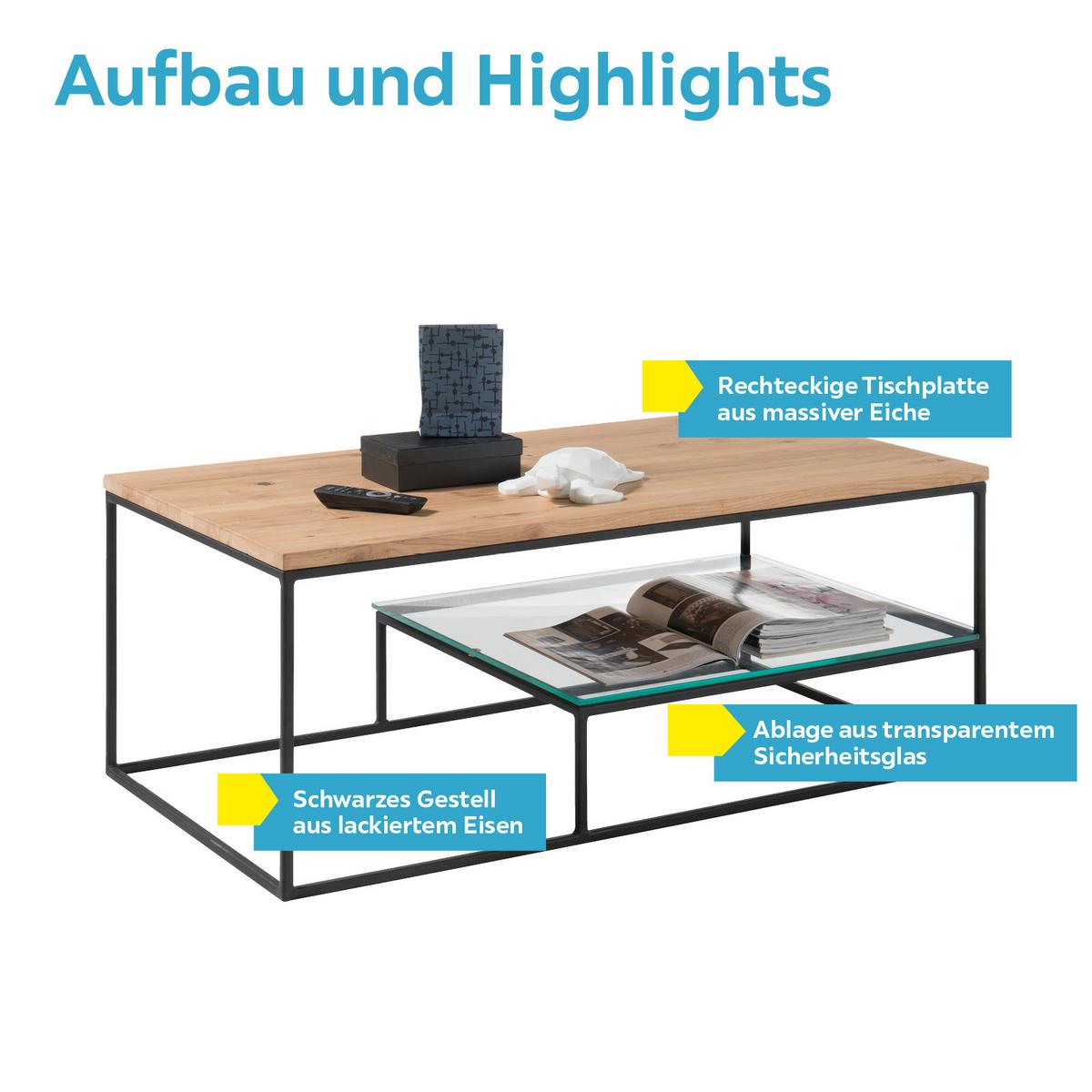 Couchtisch Mit Holzplatte Und Ablagefach Thore Eiche/schwarz - Klar/Eichefarben, MODERN, Glas/Holz (110/60/42cm) - Livetastic