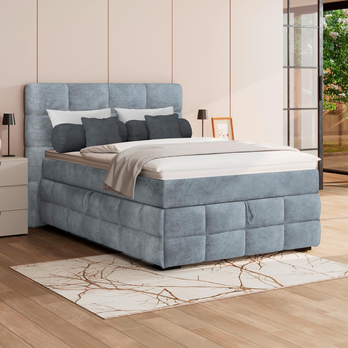 Čalouněná postel VEGA 140x200 cm, světle modrá - černá/zelená, Trend, dřevo/textil (140/200cm)