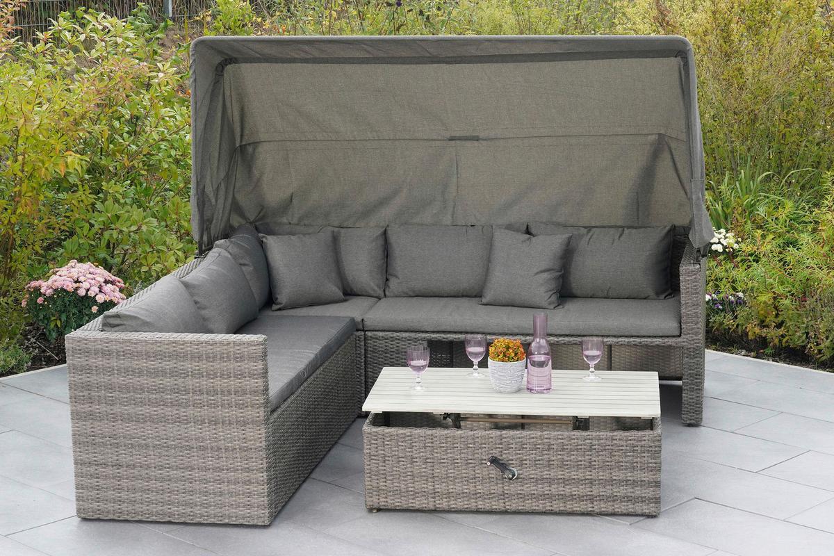 Loungegarnitur 3-Tlg. Sanmarco Holz/Metall/Textil mit Kissen - Hellgrau/Grau, KONVENTIONELL, Holz/Kunststoff (250/150/168cm) - Gardenson