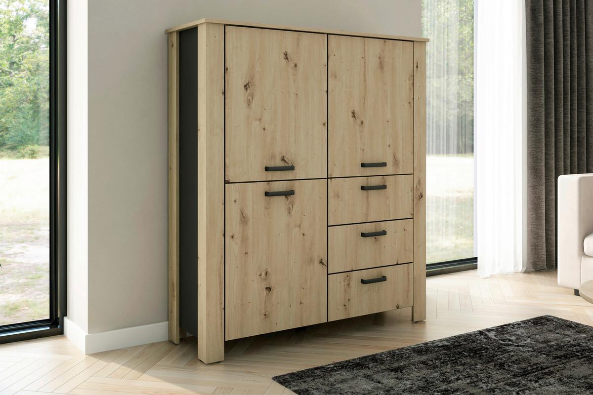 Highboard Faro Eiche Artisan B: 120 Cm - Schwarz/Eiche Artisan, Design, Holzwerkstoff (120/137/40cm) - MID.YOU