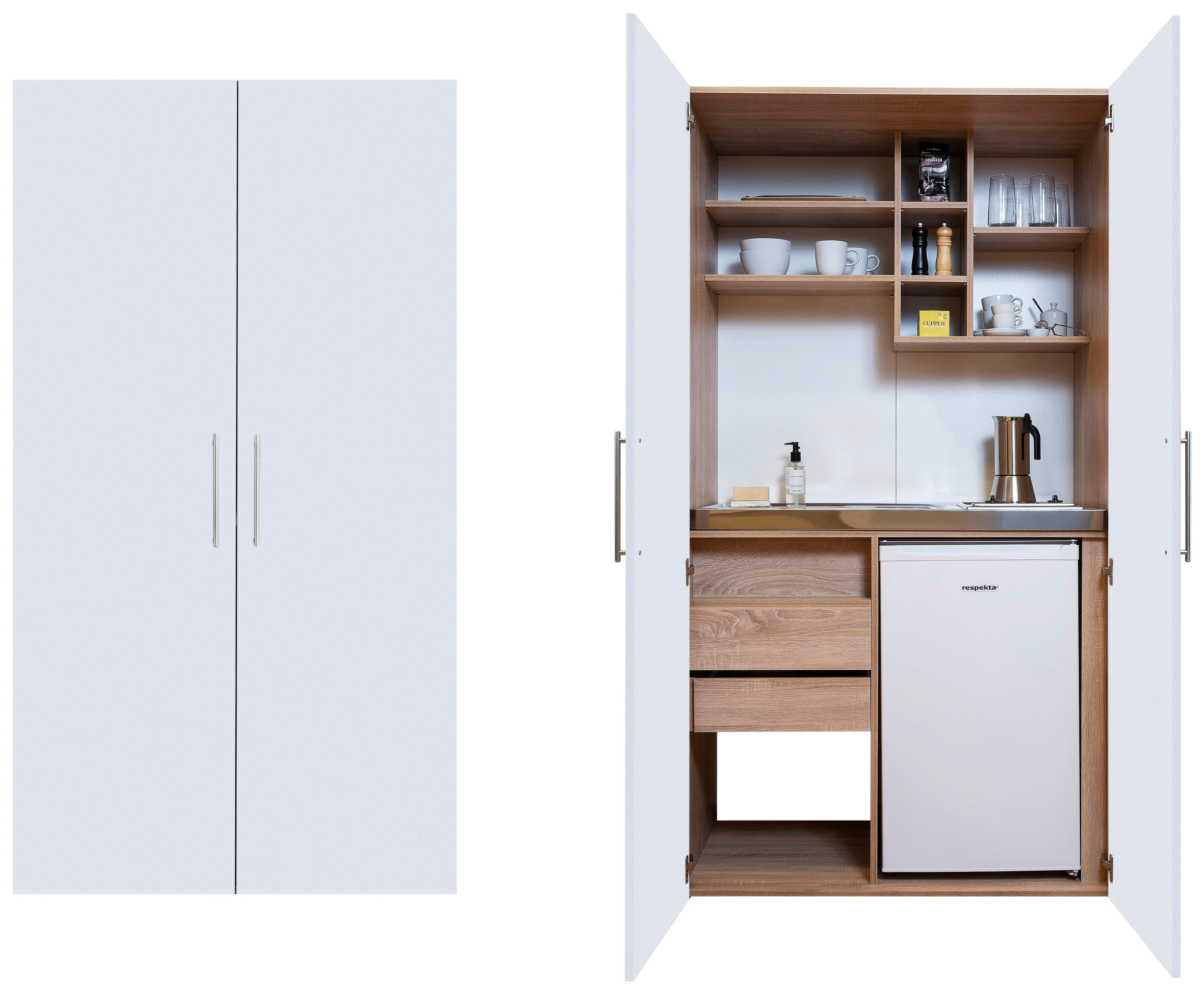 Schrankküche mit Kühlschrank + Kochfeld 104 cm Weiß - Edelstahlfarben/Eichefarben, KONVENTIONELL, Holzwerkstoff/Metall (104/193/67cm) - Respekta