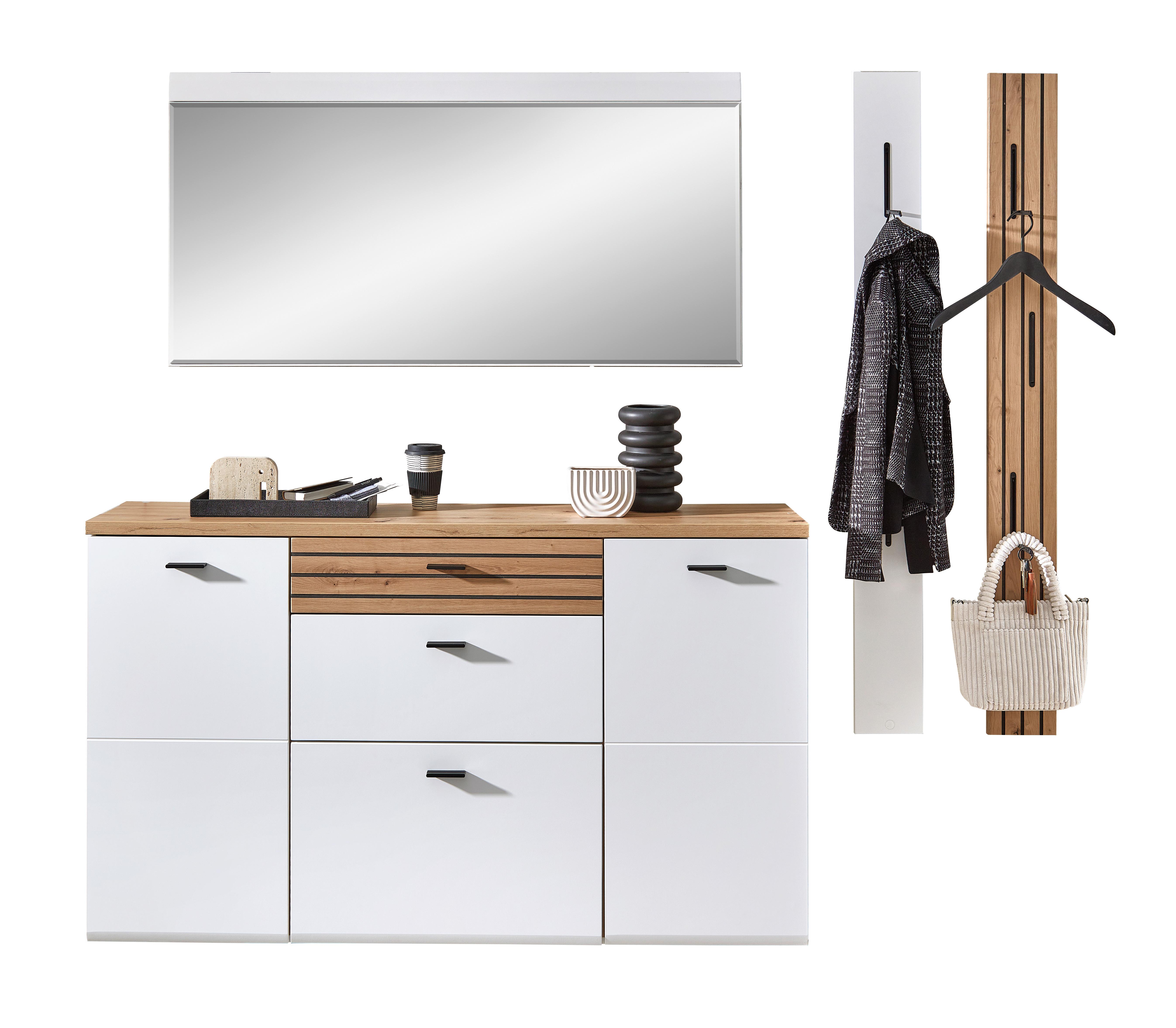 Garderobe Fresno Weiß/Eiche Artisan, B: 222 cm - Schwarz/Weiß, Design, Glas/Holzwerkstoff (222/180/34cm) - Livetastic
