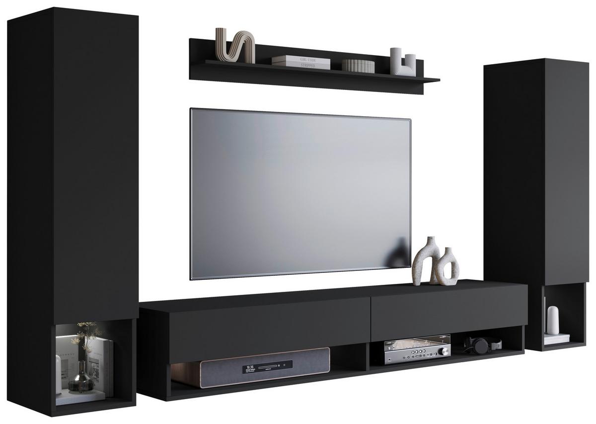 Wohnwand Schwarz 4--Teilig. Amadeo Ii - Schwarz, Basics, Holzwerkstoff (245cm) - P & B