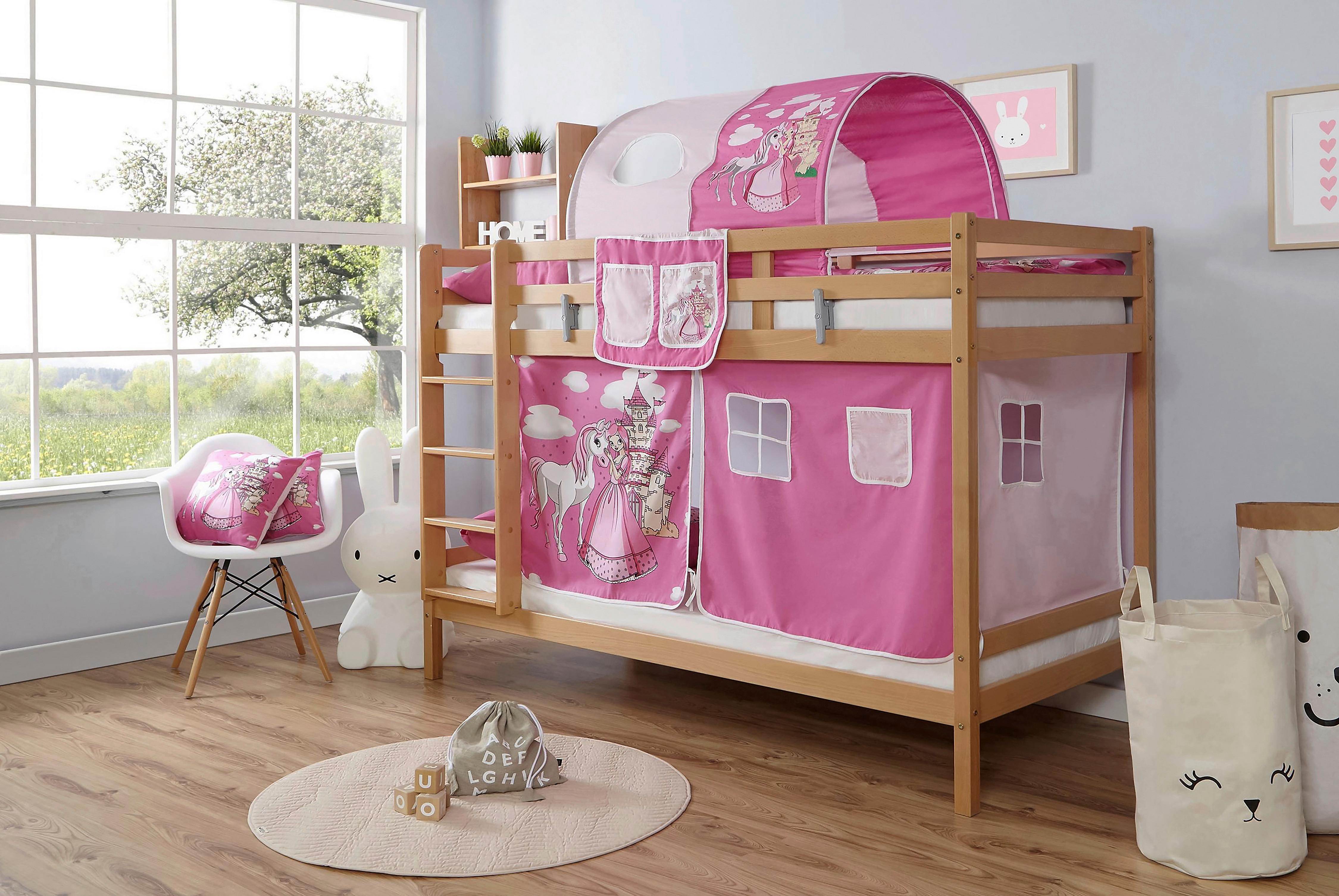 Etagenbett Rene Buche Massiv mit Leiter + Spielzubehör - Pink/Weiß, MODERN, Holz/Textil (90/200cm) - MID.YOU
