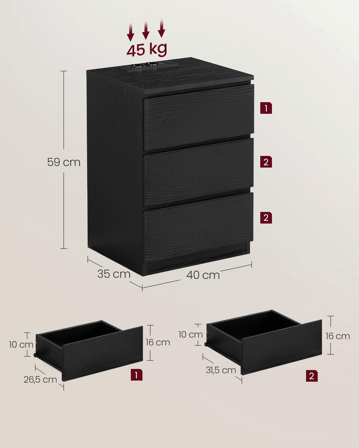 Nachtkästchenset Nightstand - Schwarz, MODERN, Holzwerkstoff (40/59/35cm) - MID.YOU