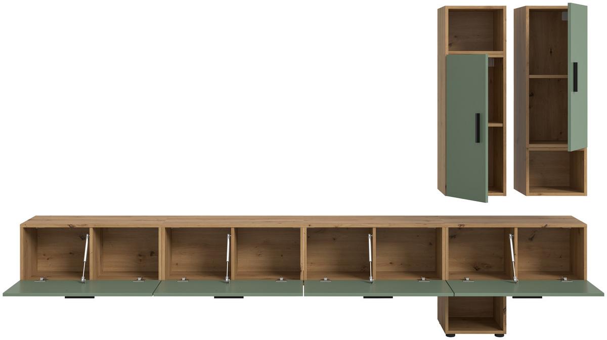 Wohnwand, The ONE 7, B: 300 cm Olivgrün/Artisan Eiche Dekor - Schwarz/Weiß, Trend, Holzwerkstoff (300/178/34cm)