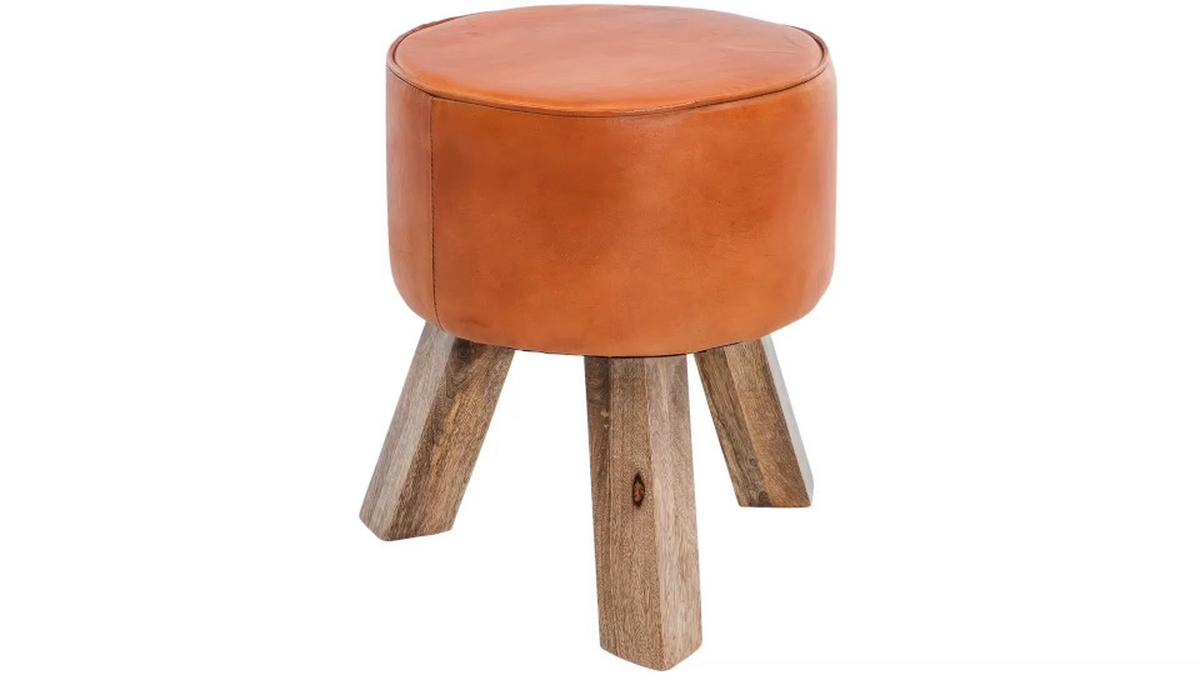 Hocker Leder Braun Sitz Gepolstert H: 45 cm Rund - Braun, Natur, Leder (37/45/37cm) - MID.YOU