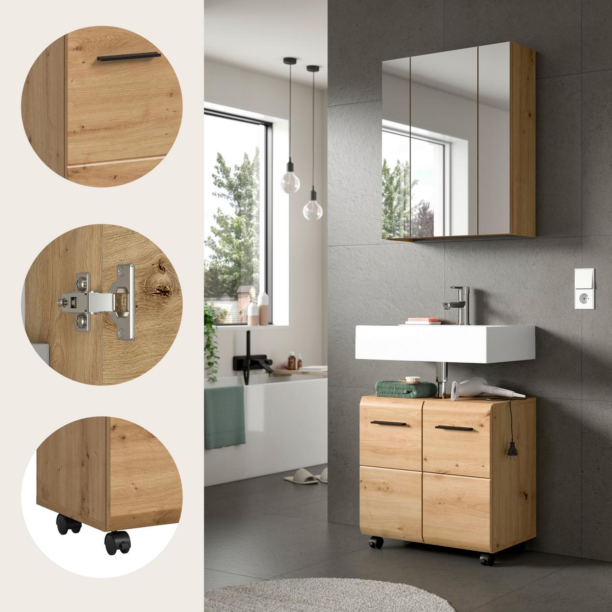Badezimmer Ice Eiche Artisan Dekor B: 60cm - Schwarz/Eiche Artisan, Trend, Glas/Holzwerkstoff (60cm) - MID.YOU
