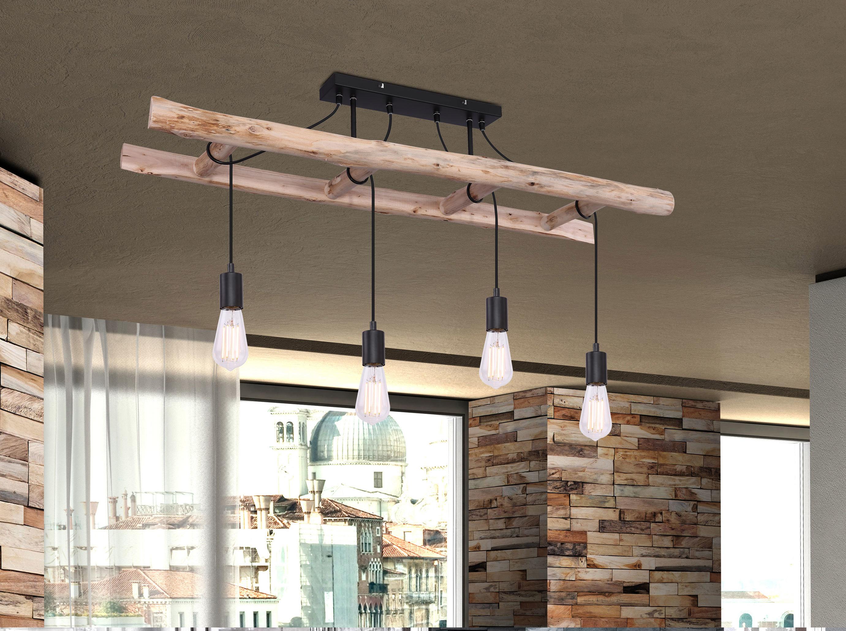 Deckenleuchte H: 80 cm 4-Flammig, Holzleiter - Schwarz/Naturfarben, Natur, Holz/Metall (115/30/80cm) - Globo