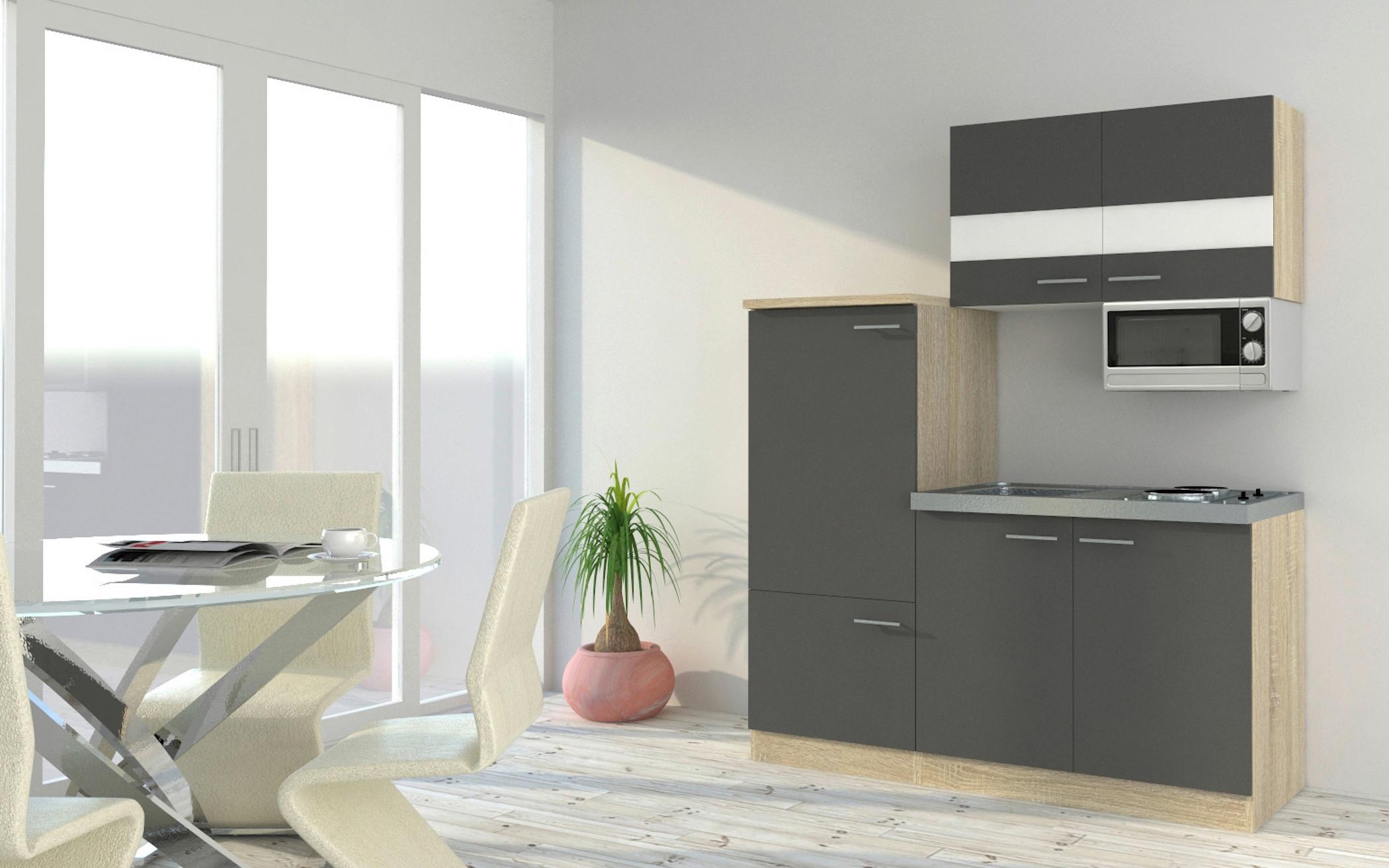 Miniküche m. Kühlschrank + Kochfeld 160 cm Grau/Eiche - Edelstahlfarben/Eichefarben, Basics, Holzwerkstoff/Metall (160cm) - Respekta