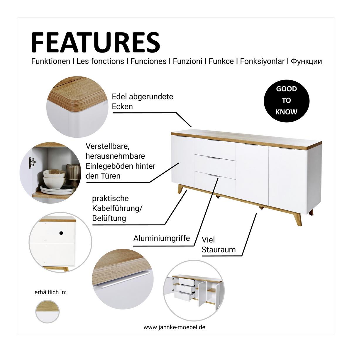 Sideboard 180 cm Libre Sb 180 Weiß/Eichefarben - Eichefarben/Weiß, KONVENTIONELL, Holzwerkstoff (180/77/39cm) - Livetastic