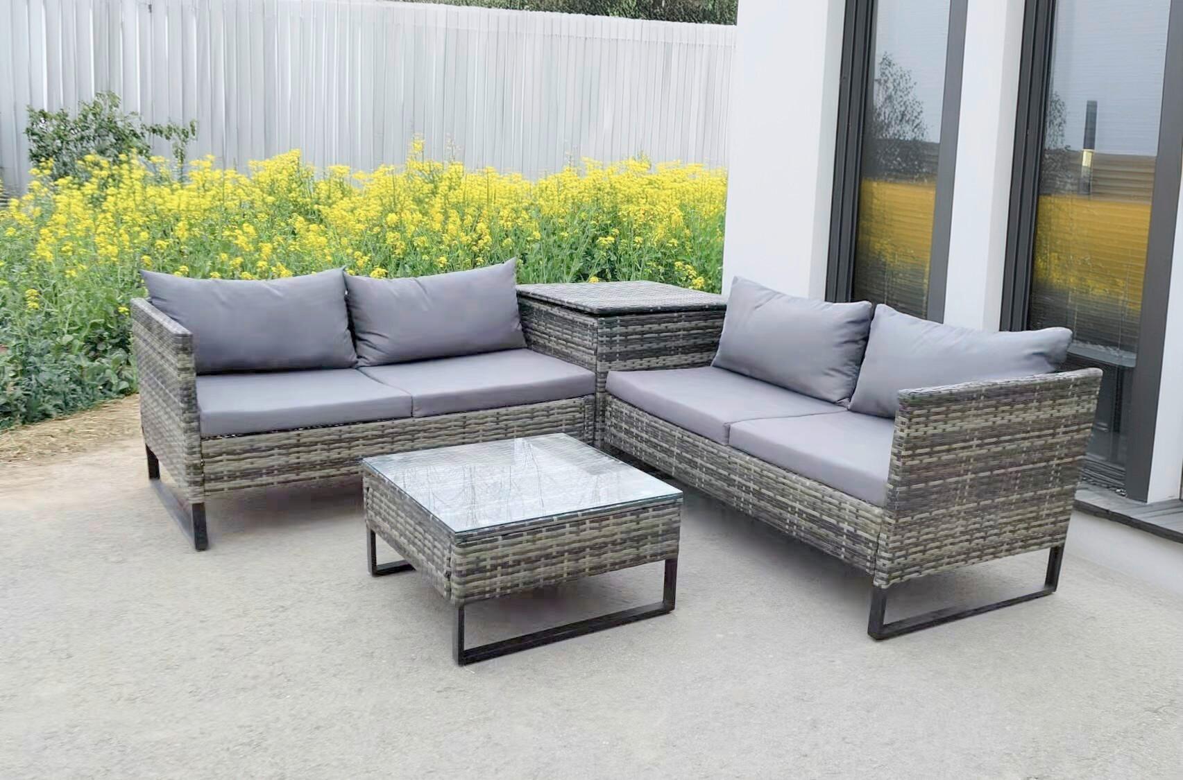 Loungegarnitur Ramira - Dunkelgrau/Schwarz, Basics, Glas/Kunststoff - Gardenson