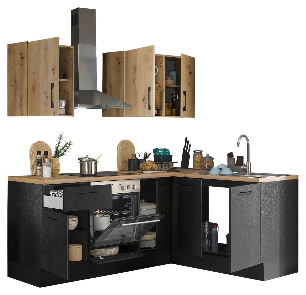 Eckküche Turin Schwarz/Eiche Dekor 210x165 cm - Schwarz/Eiche Artisan, Basics, Holzwerkstoff (210/165cm) - MID.YOU